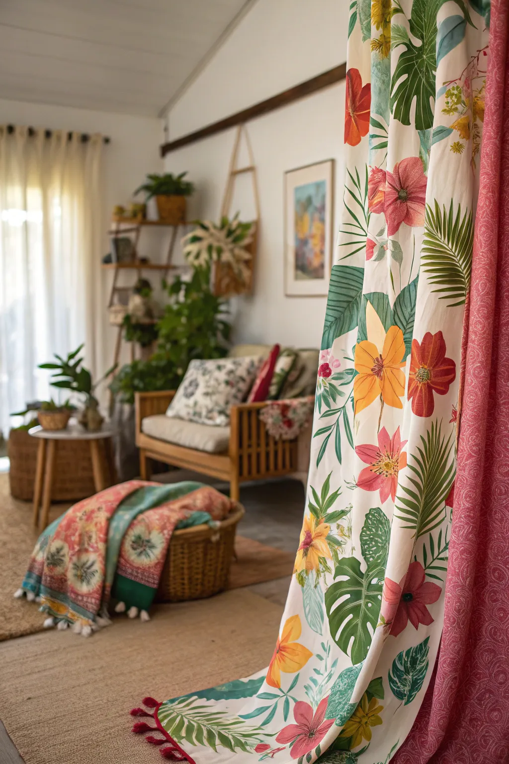 A display of vibrant floral and tropical prints on curtains and throw blankets.
