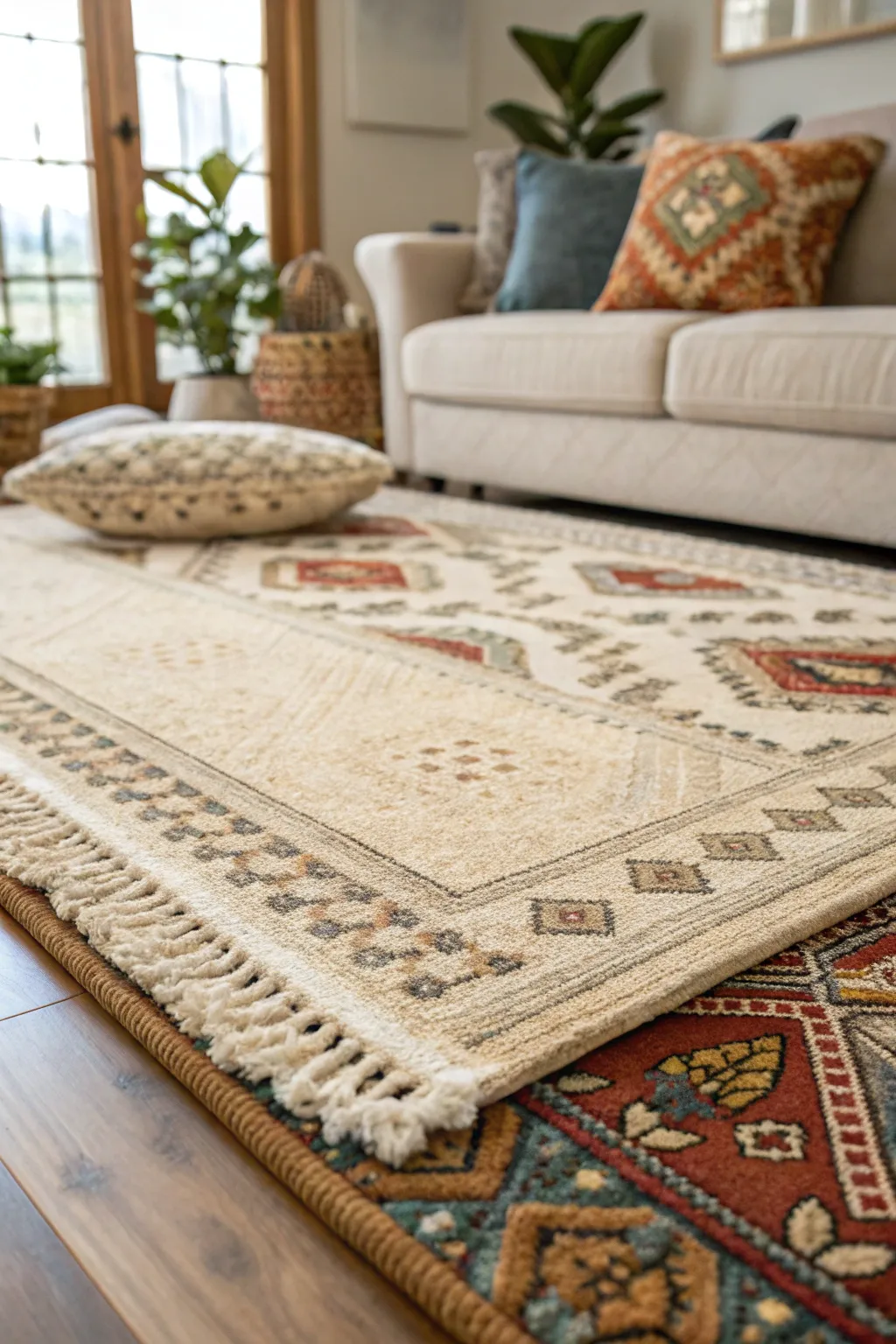 A living room featuring layered rugs, showcasing texture and warmth.