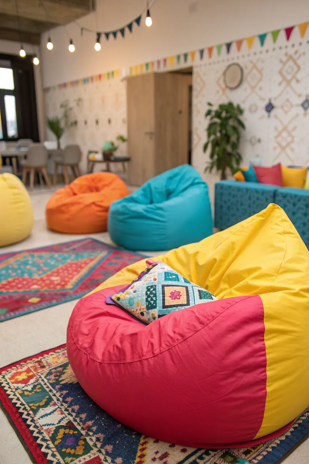 A living space featuring colorful bean bags and inflatable furniture.