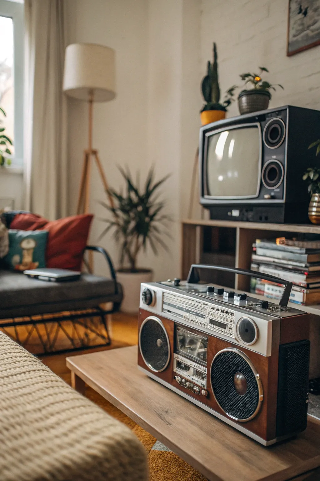 A living room featuring retro technology items like a vintage boombox and television.