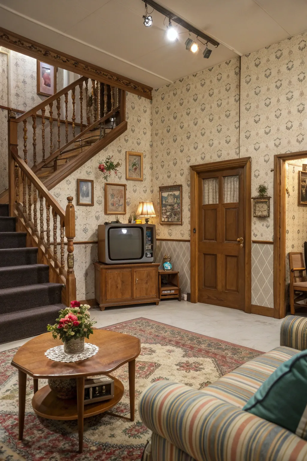 A warm, nostalgic 90s-style living room featuring a large wooden entertainment center and soft pastel decor.