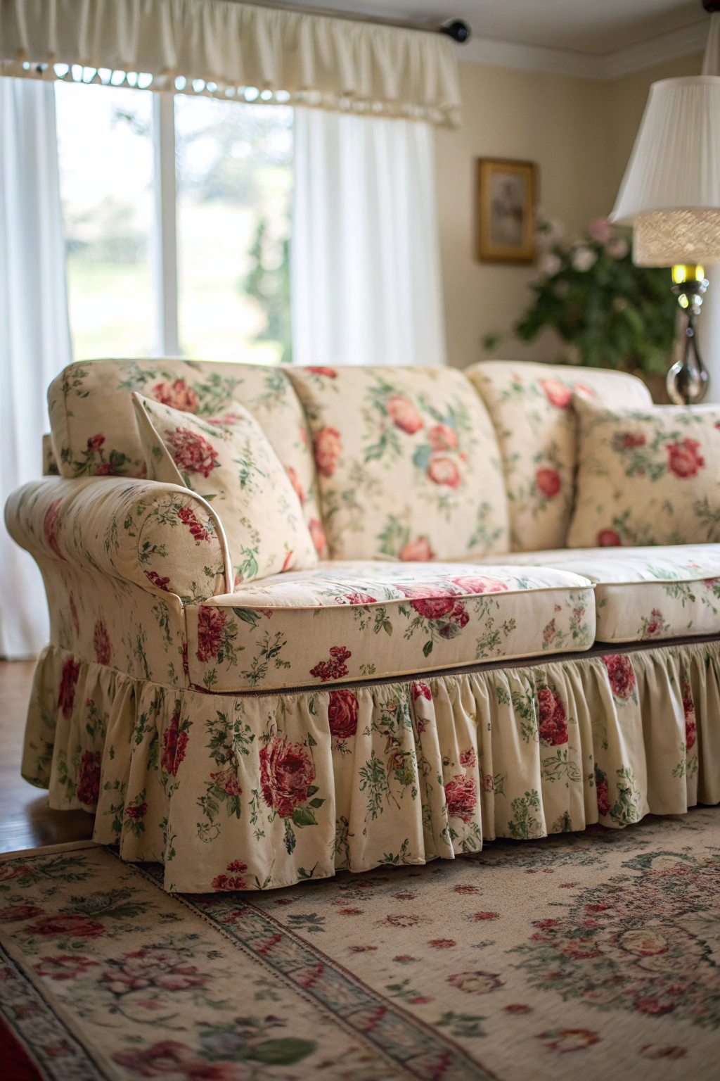 A 90s-style floral slipcovered sofa with a full skirt in a softly lit nostalgic living room.