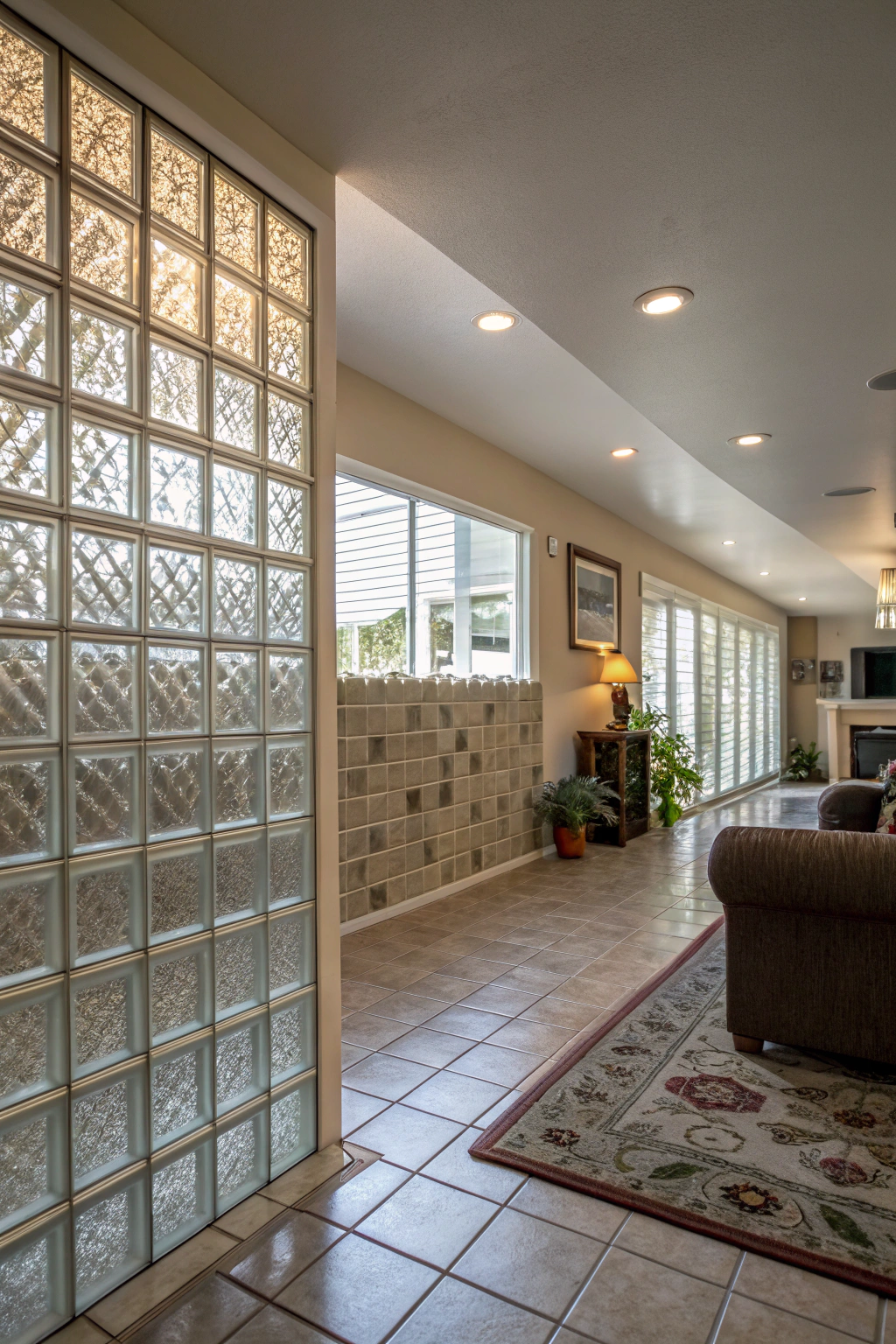A 90s-style living area featuring a glass block accent wall with soft daylight filtering through.