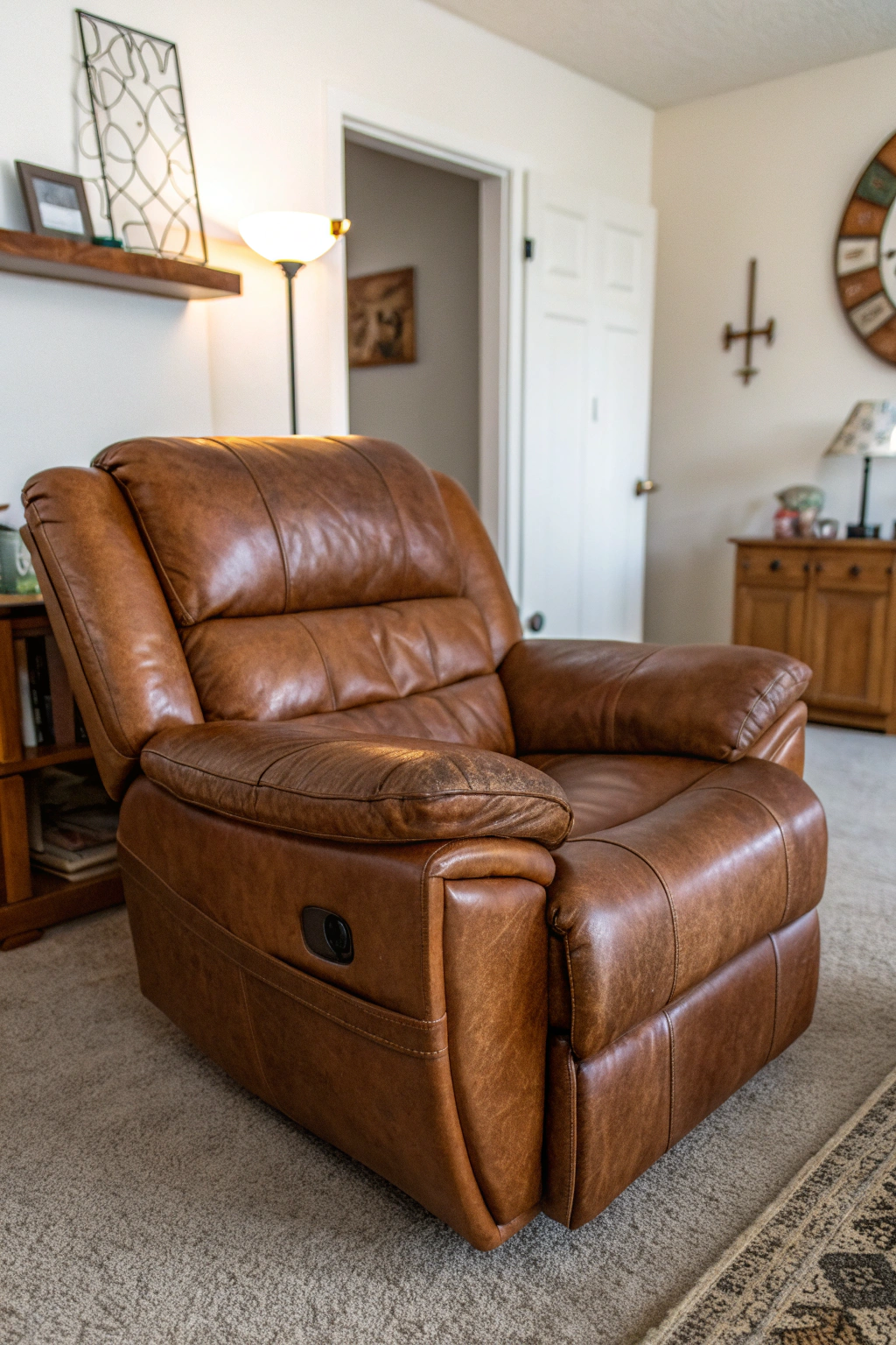 A warm-brown overstuffed 90s leather recliner in a softly lit nostalgic living room corner.