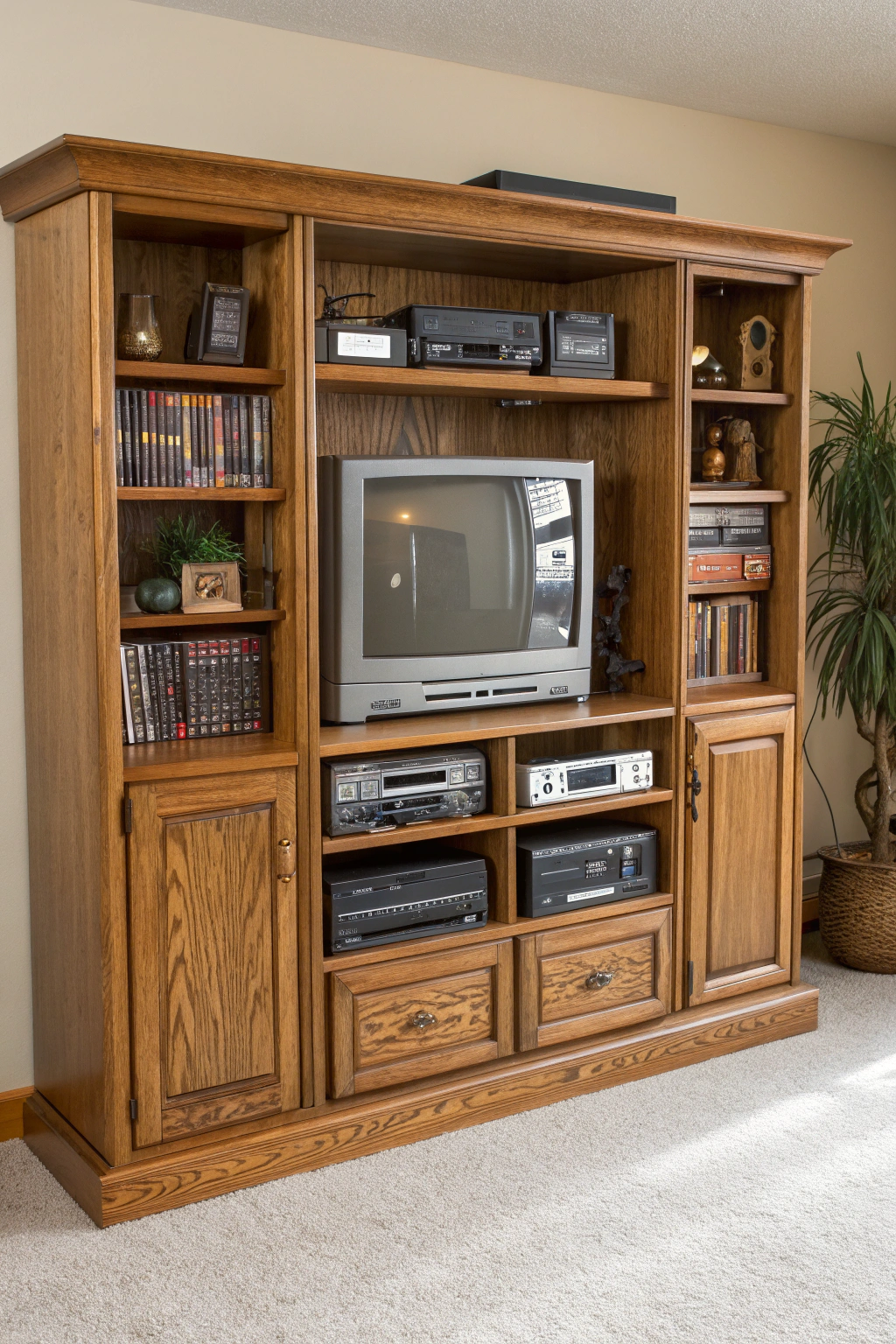 A medium-oak 90s entertainment center with shelves holding VHS tapes, books, and a retro TV.