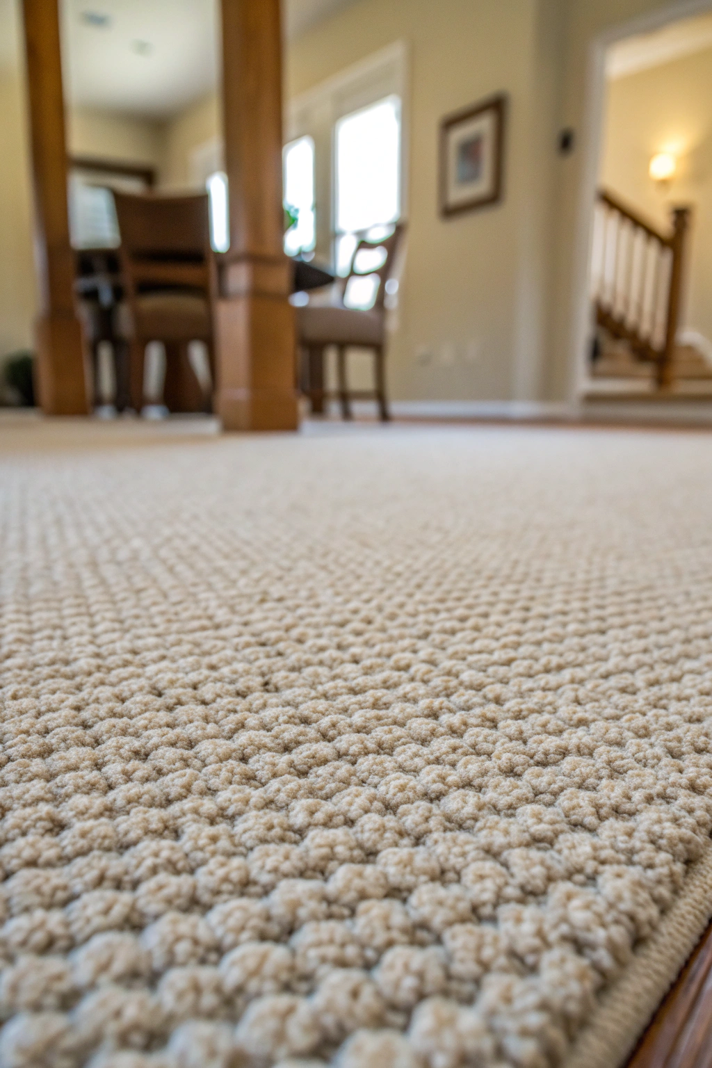 Close-up of neutral-tone Berber carpet with flecked pattern in a 90s-style home interior.