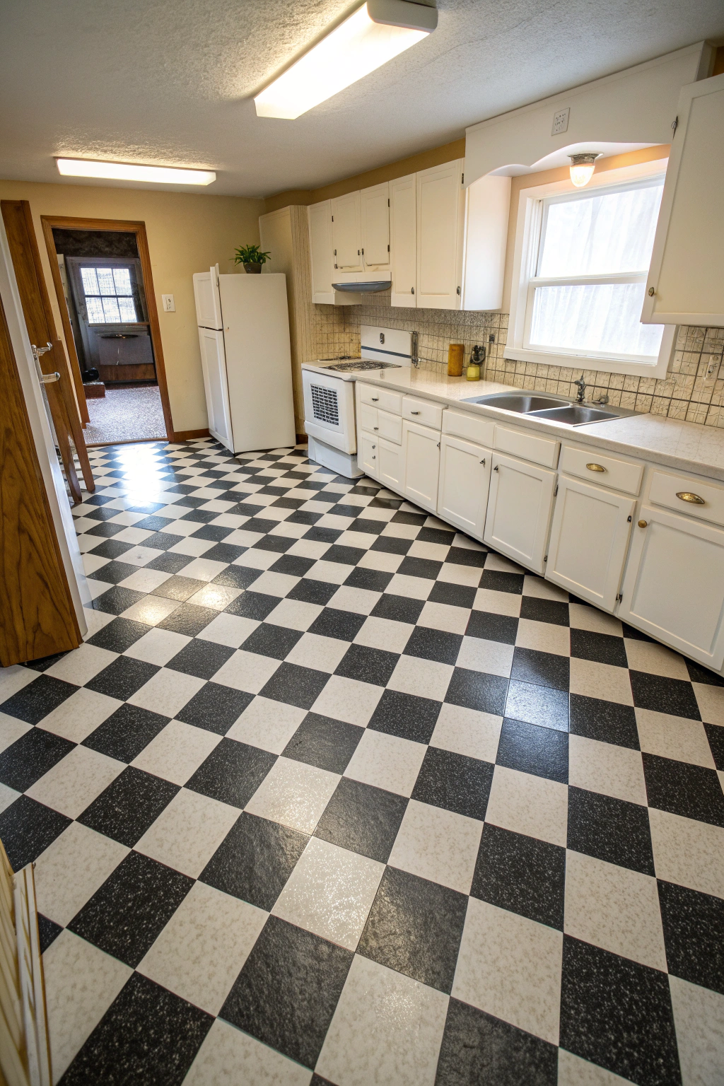 Photorealistic 90s-style kitchen featuring black-and-white checkerboard vinyl flooring under warm natural light.