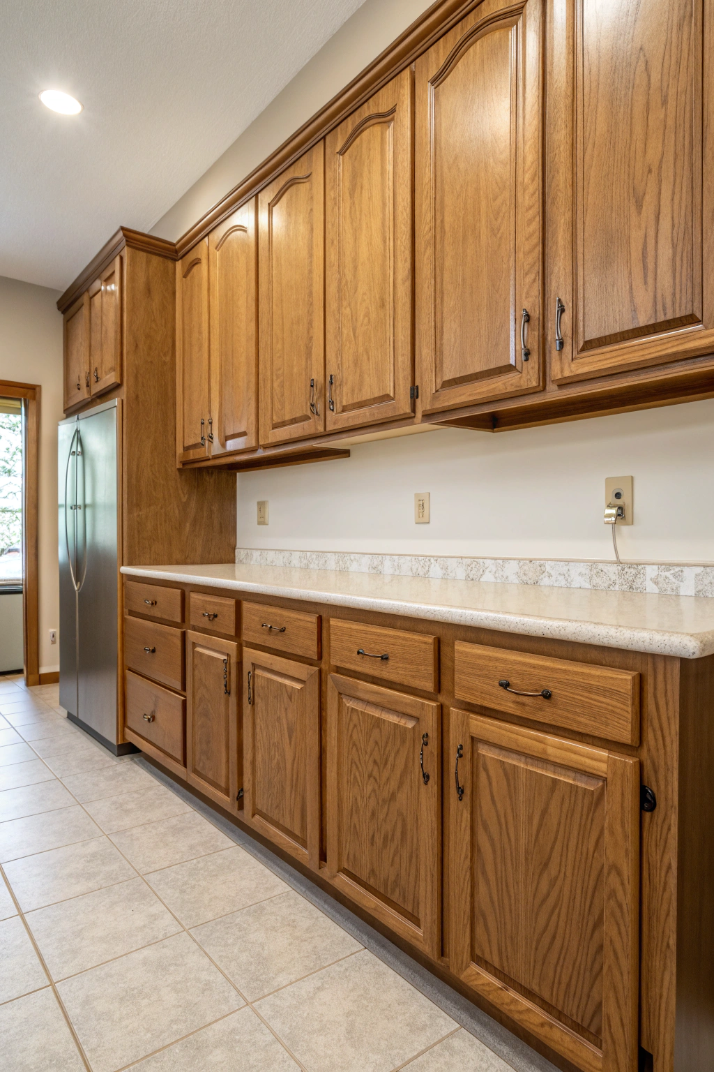 Photorealistic 90s-style kitchen cabinets with rounded oak laminate edges lit by soft natural light.