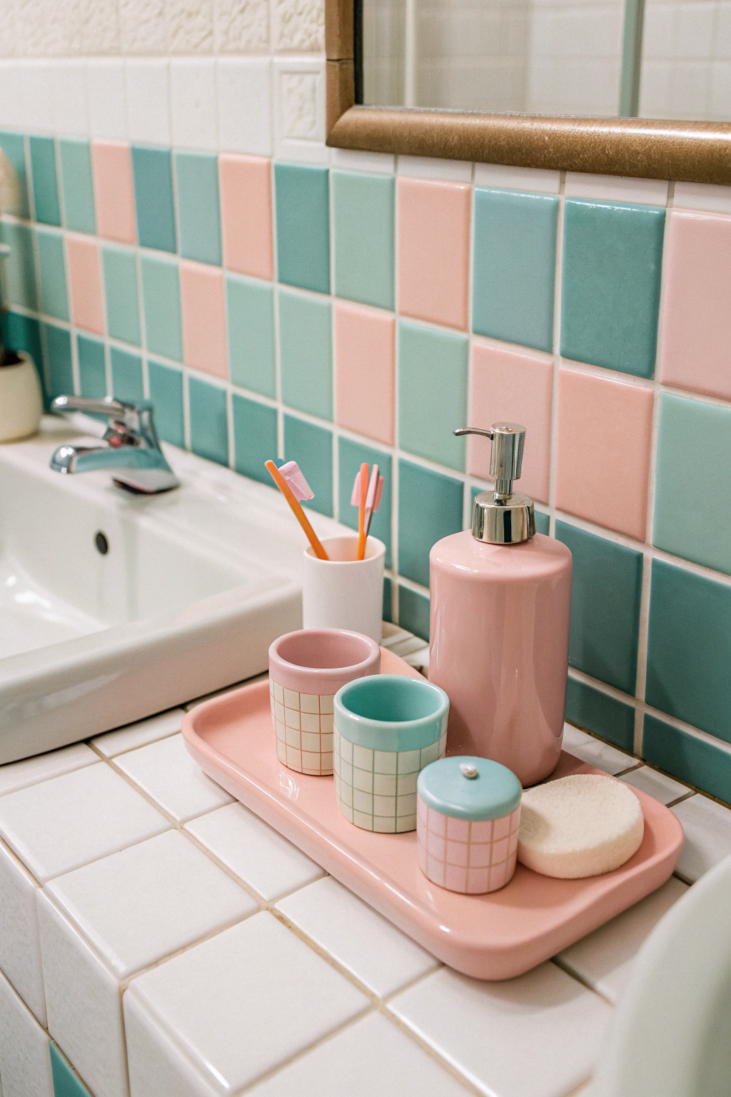 Photorealistic 90s bathroom wall with pastel tiles and matching ceramic soap and toothbrush holders.