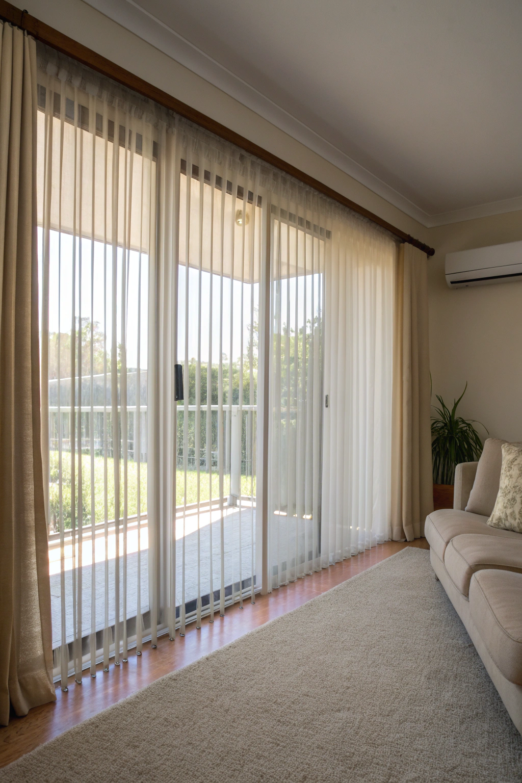 Sheer curtains layered over vertical blinds with warm natural light in a 90s-inspired living room