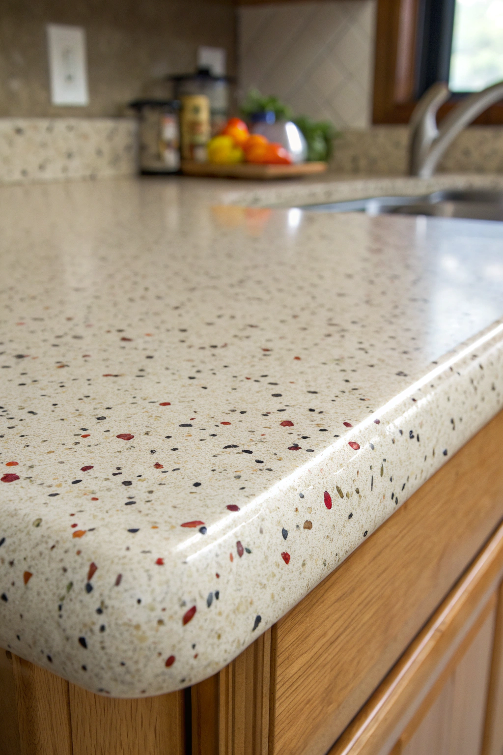 Close-up view of a 90s-style speckled laminate countertop with soft natural lighting