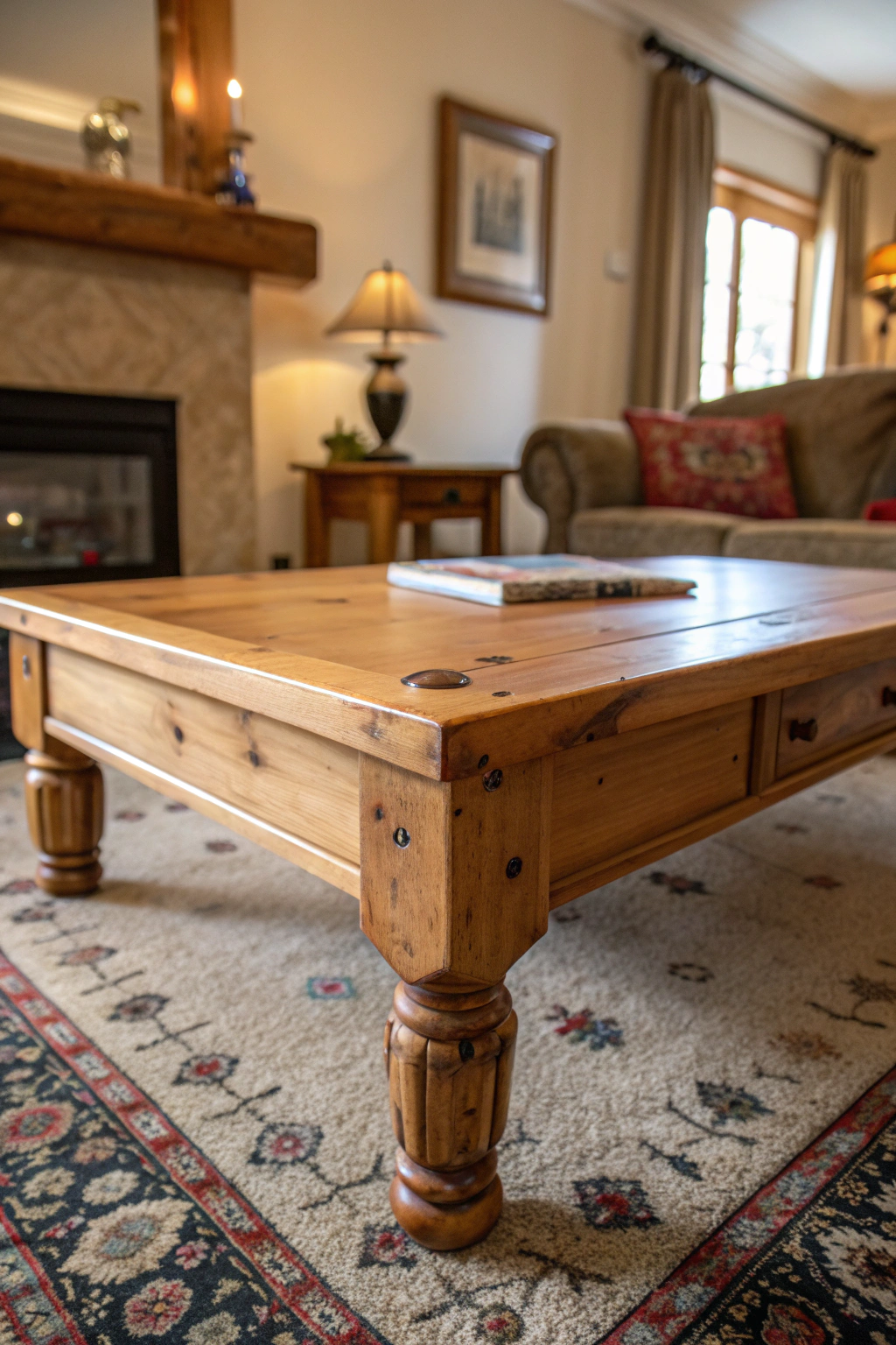 Chunky pine coffee table with rounded corners in a warmly lit 90s-style living room