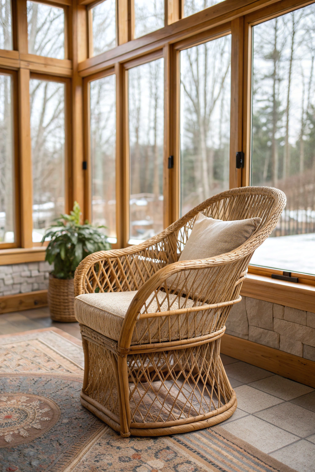 A woven rattan chair with a cushion and throw in a softly lit 90s-style sunroom.