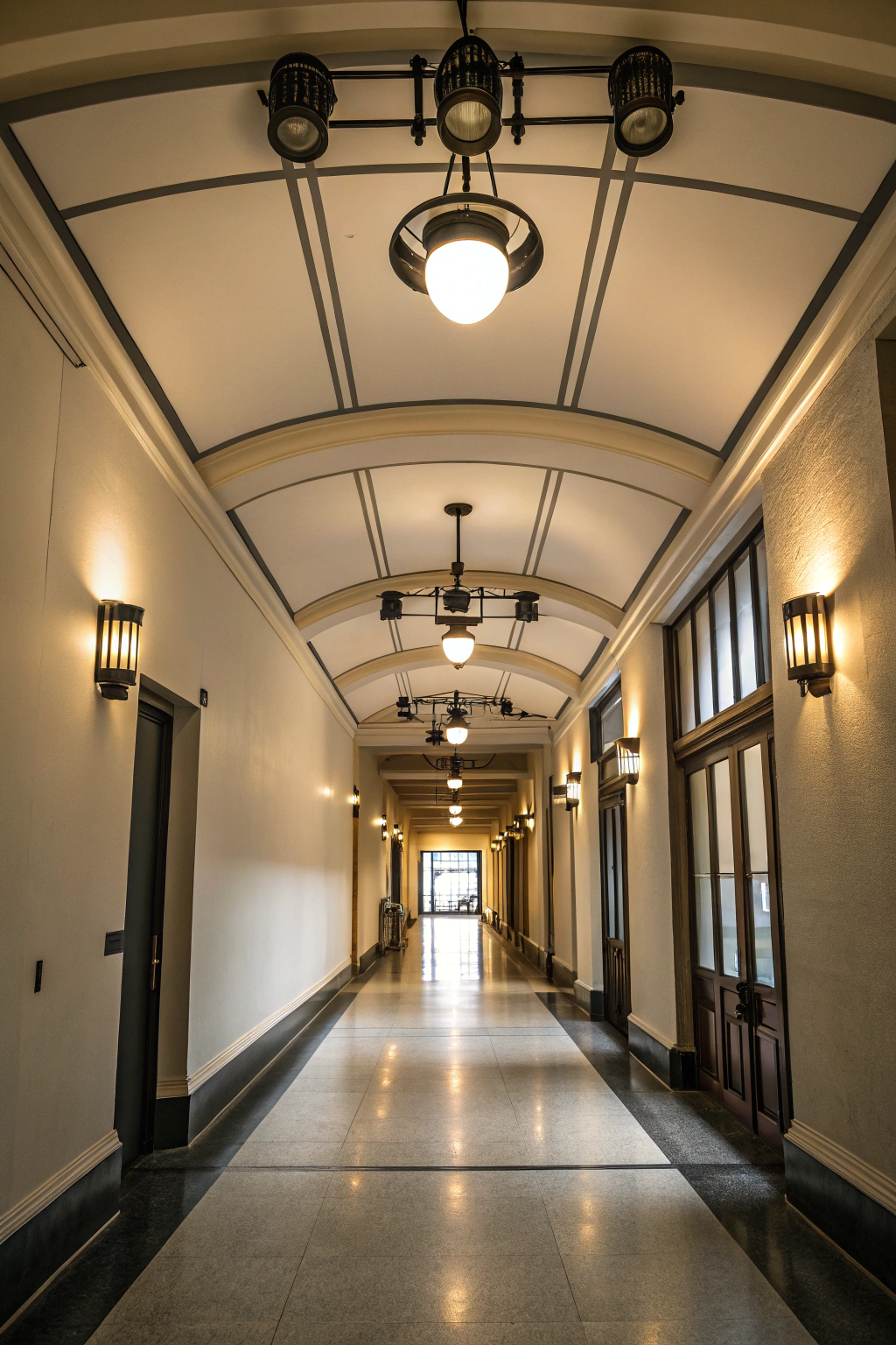 Adjustable 90s-style track lighting illuminating a long hallway with soft warm light.
