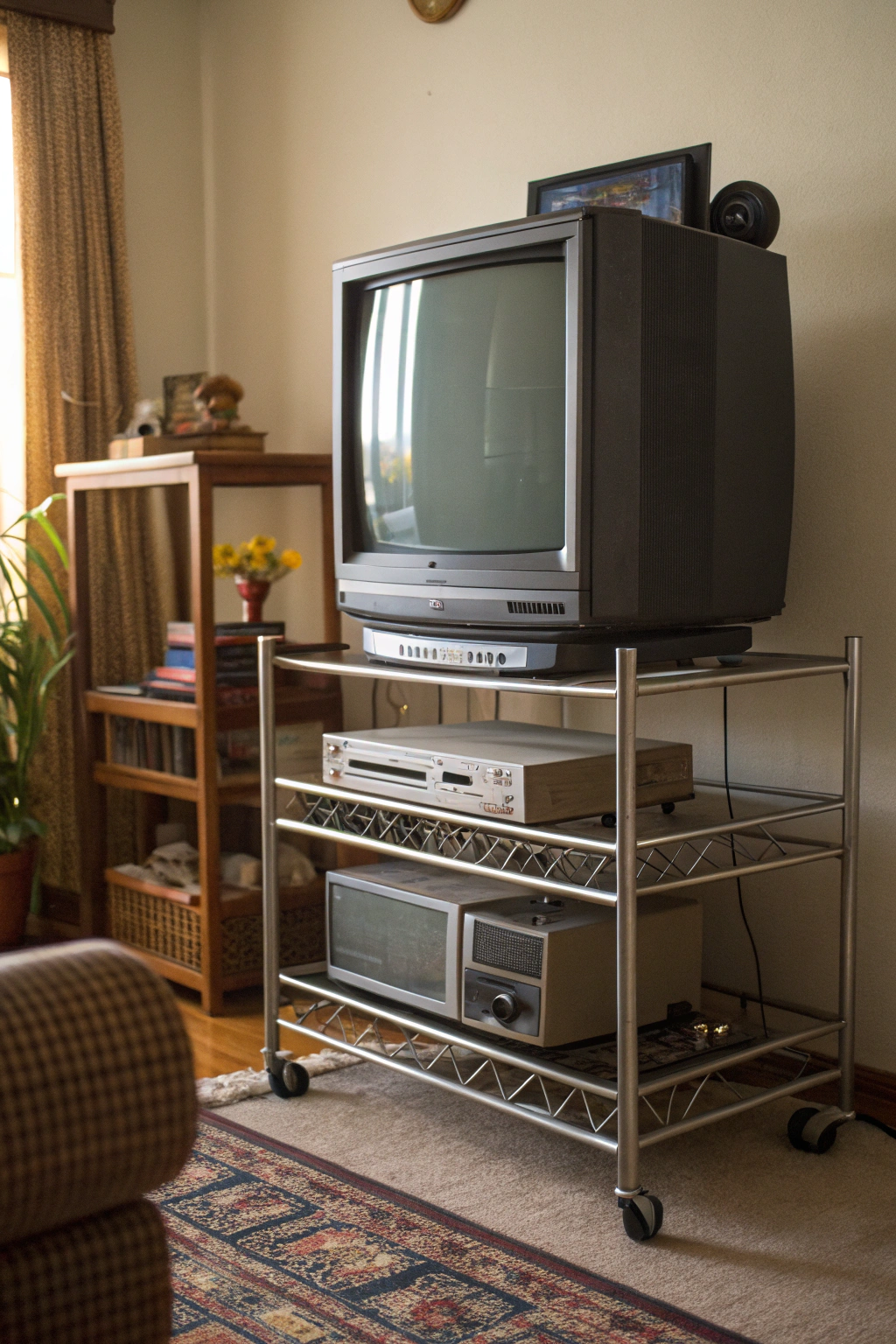 A bulky Sony Trinitron TV on a wheeled metal stand in a warmly lit 90s-style living room corner.