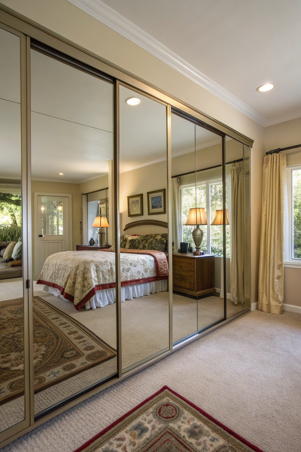 Photorealistic 90s bedroom featuring wall-to-wall mirrored closet doors reflecting soft natural light.