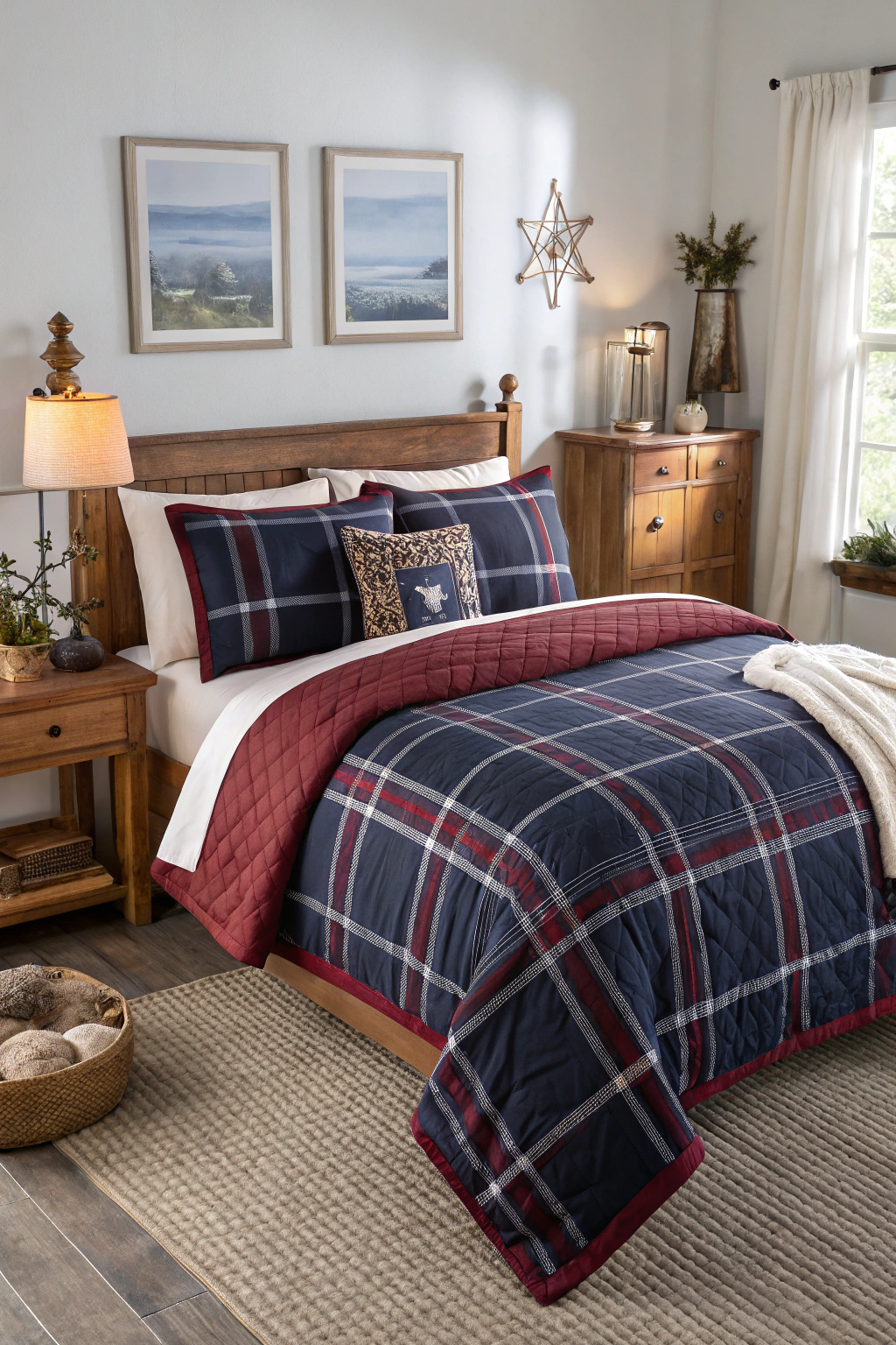 Cozy bedroom showcasing a navy and burgundy plaid 90s bedding set with warm natural lighting.