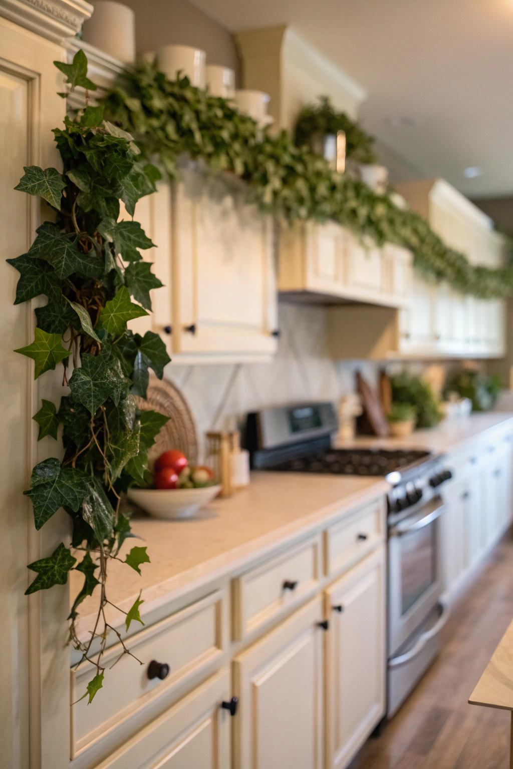 Photorealistic 90s kitchen with faux ivy garland placed above light oak cabinets.