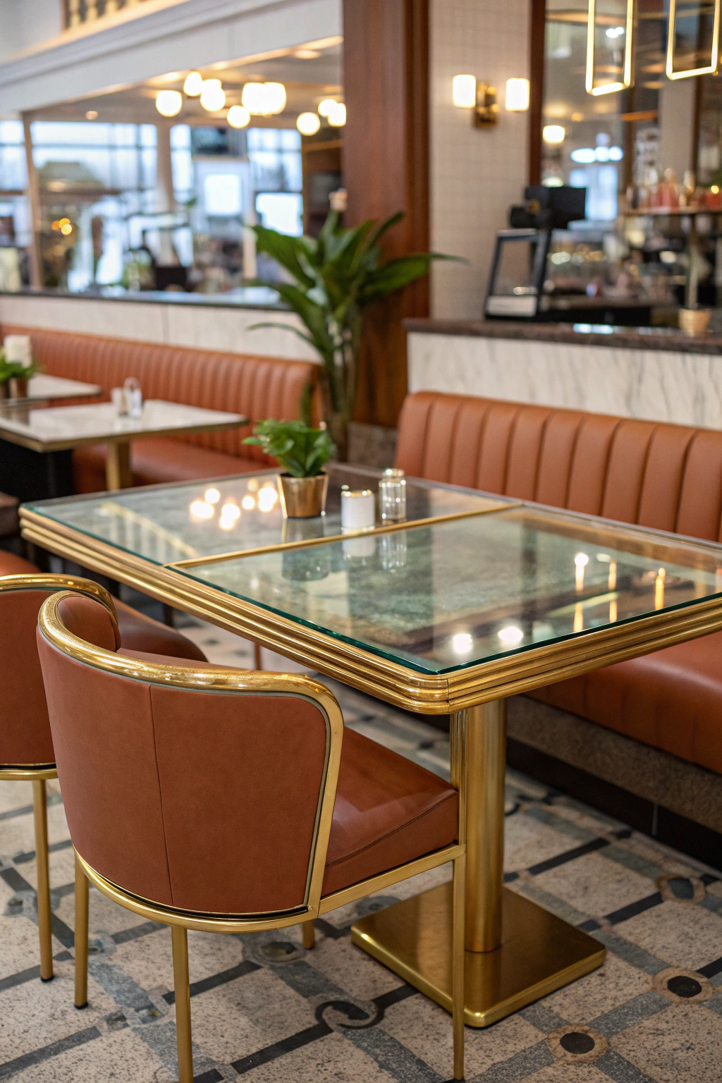 A 90s-style dining room featuring a glass-top table with brass trim and pastel cushioned chairs.