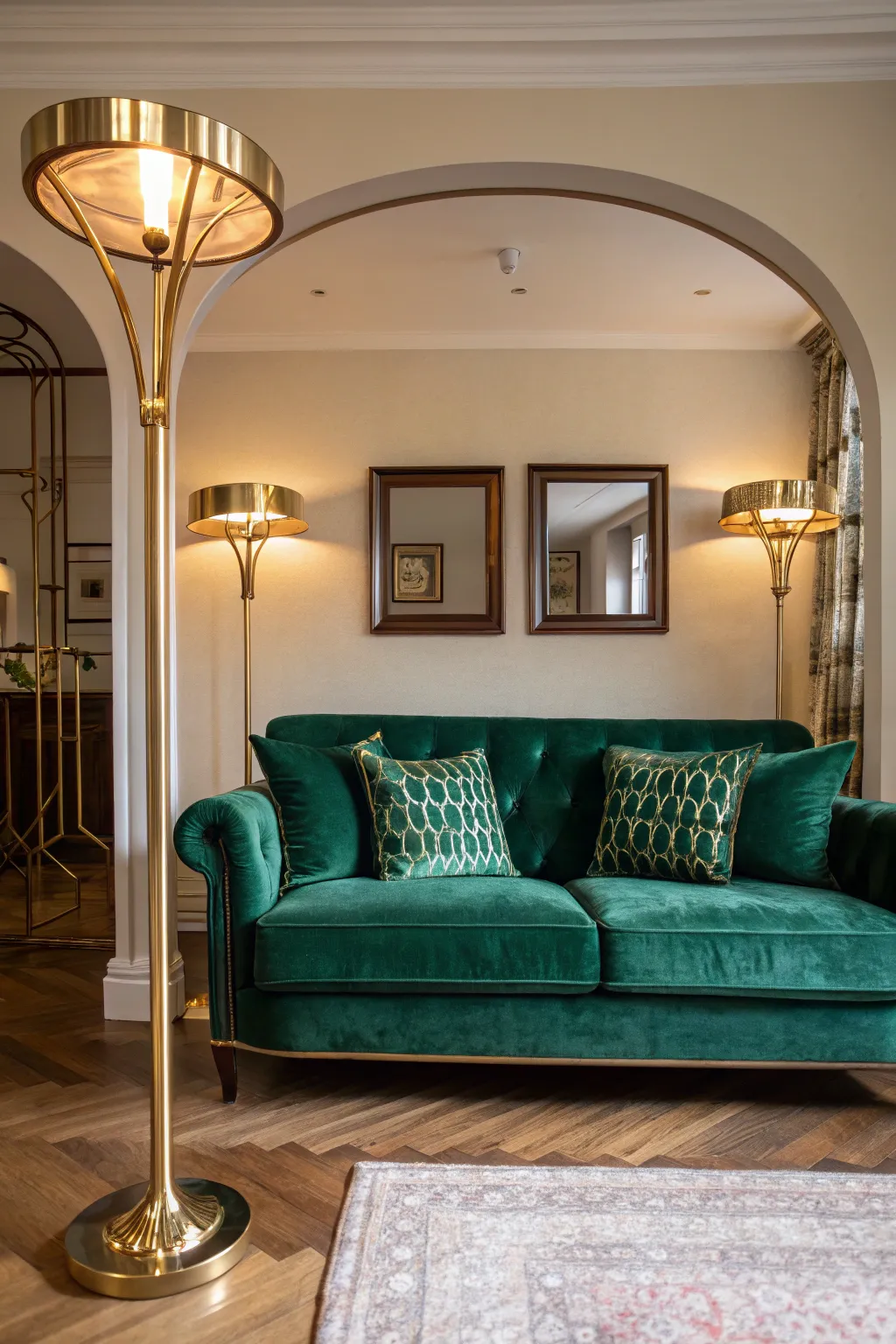 Emerald velvet sofa framed by two brass floor lamps in a warm, moody living room