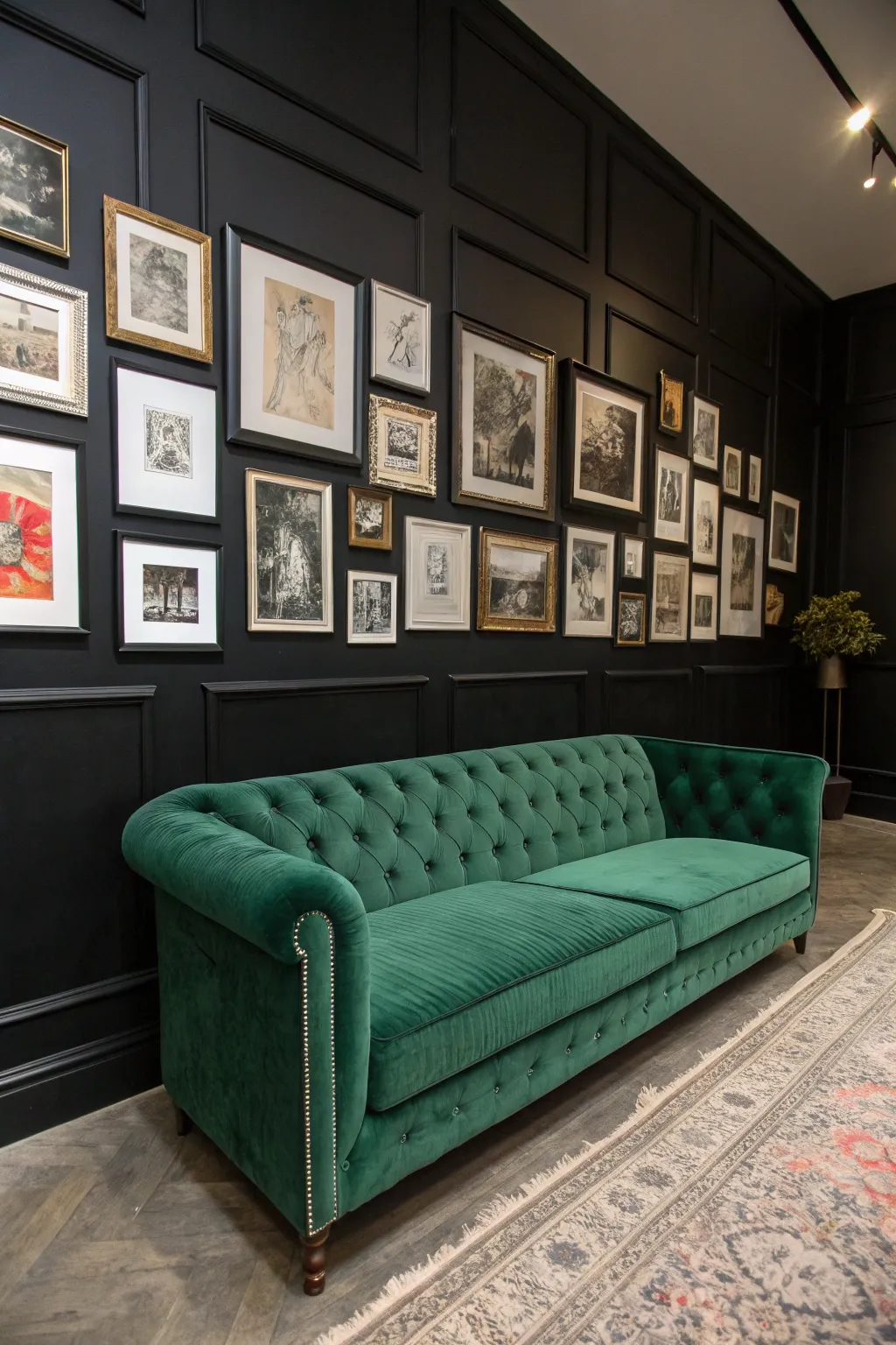 Dark green couch centered beneath eclectic black-framed gallery walls