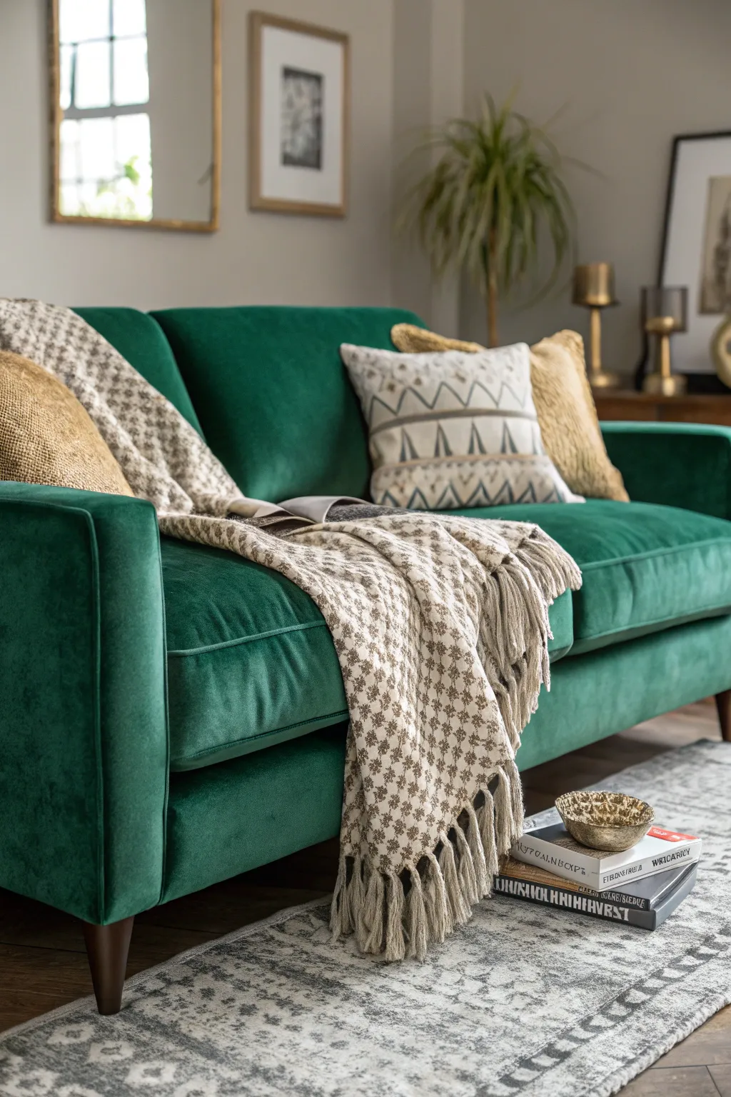 Emerald velvet sofa accented with casually draped patterned throw blankets