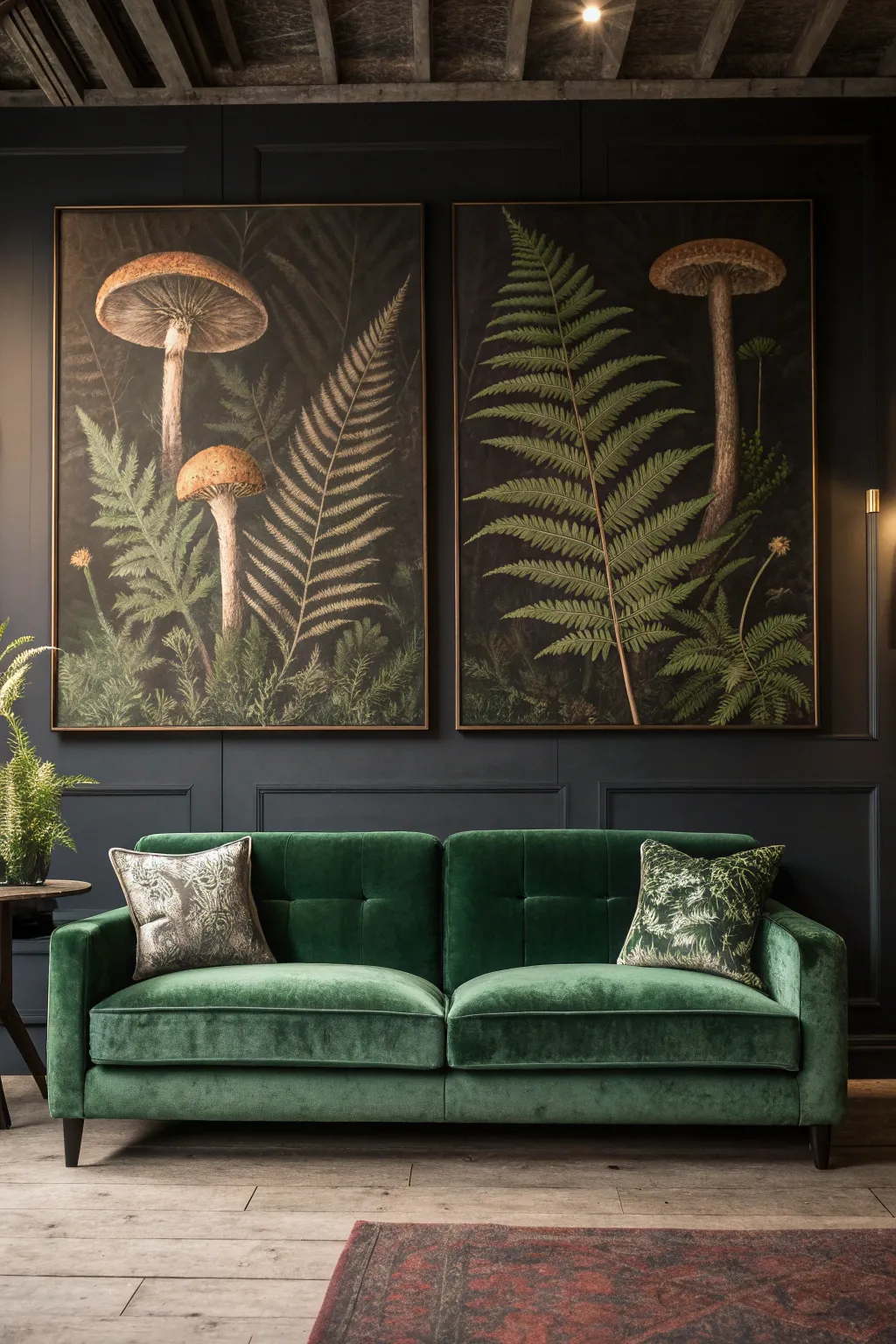 Emerald sofa beneath large woodland botanical art prints in a moody room