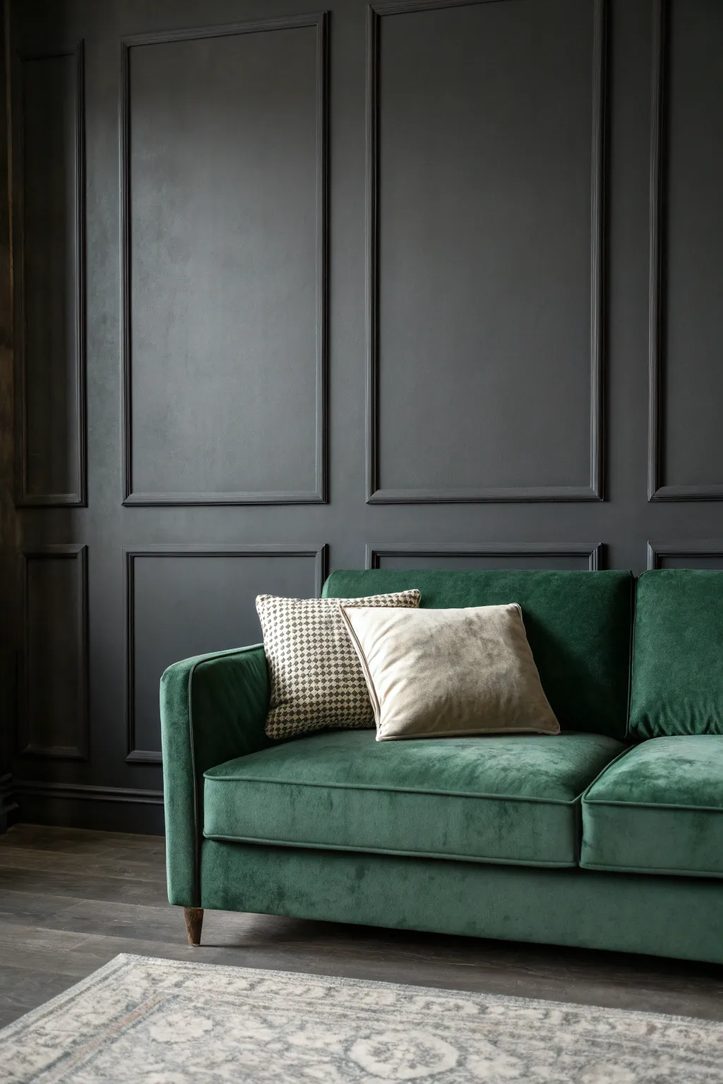 Deep green couch placed against a matte charcoal wall with a single light pillow
