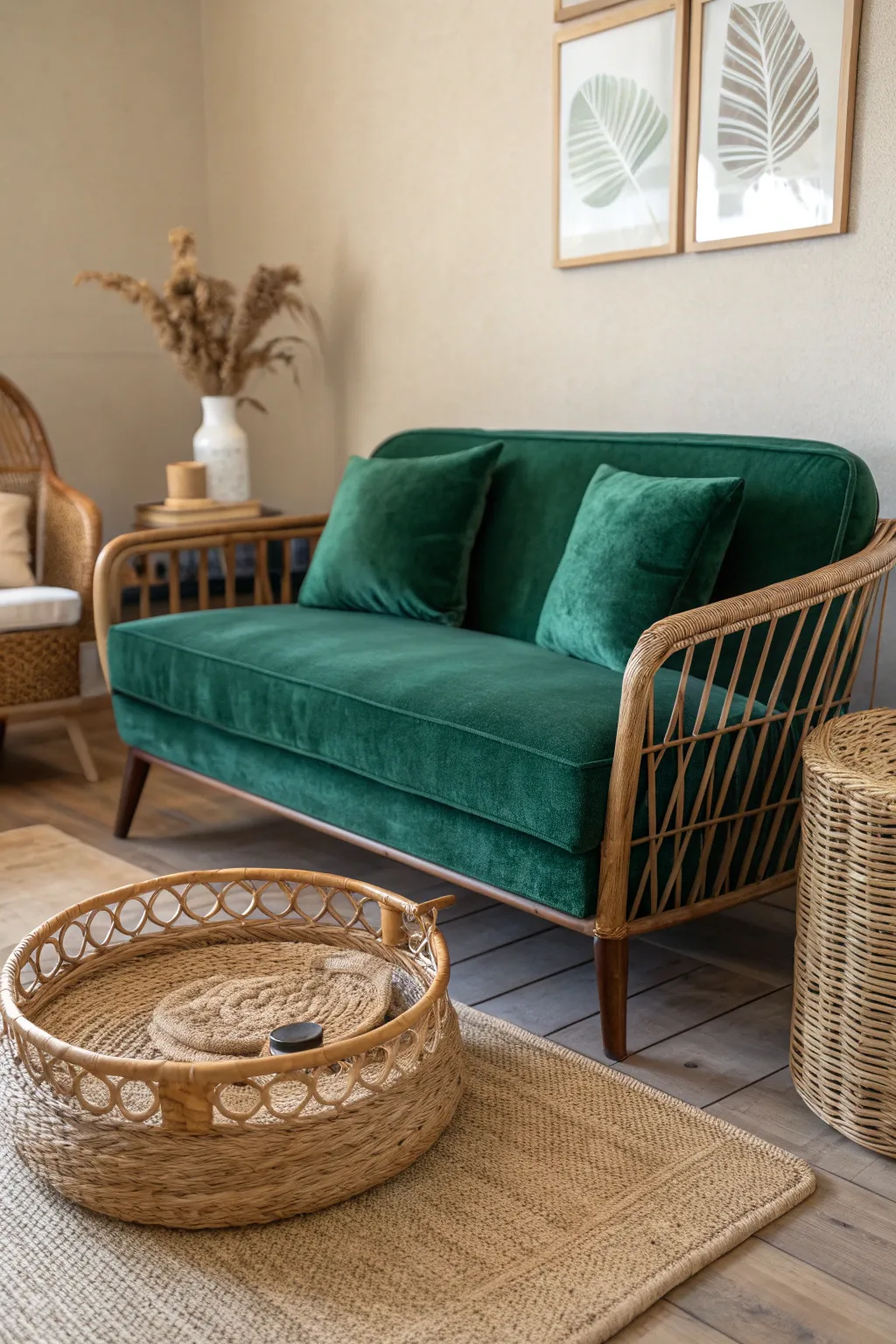 Emerald velvet sofa paired with rattan and wicker accents in a warm living room