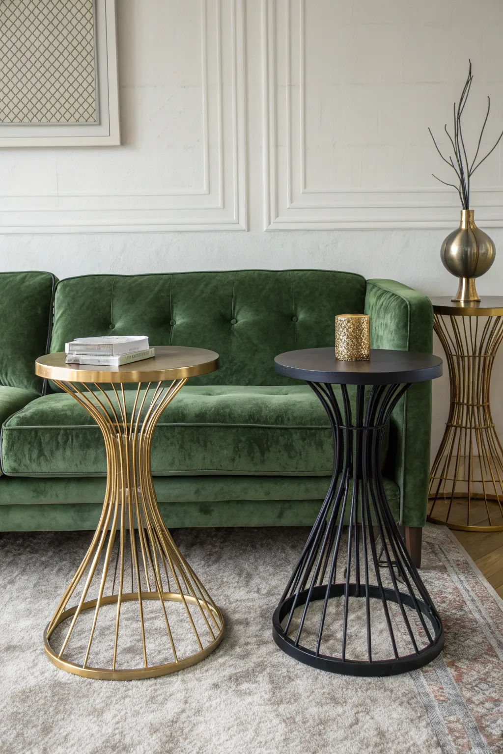 Green velvet sofa paired with brass and black steel side tables