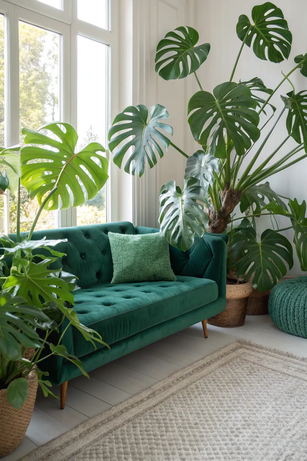 Emerald couch framed by large monstera plants on both sides