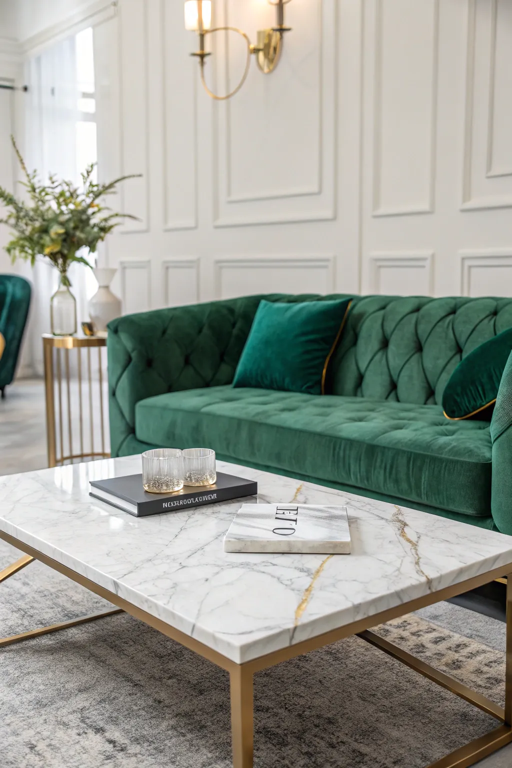 Emerald velvet sofa paired with a marble coffee table and minimal decor