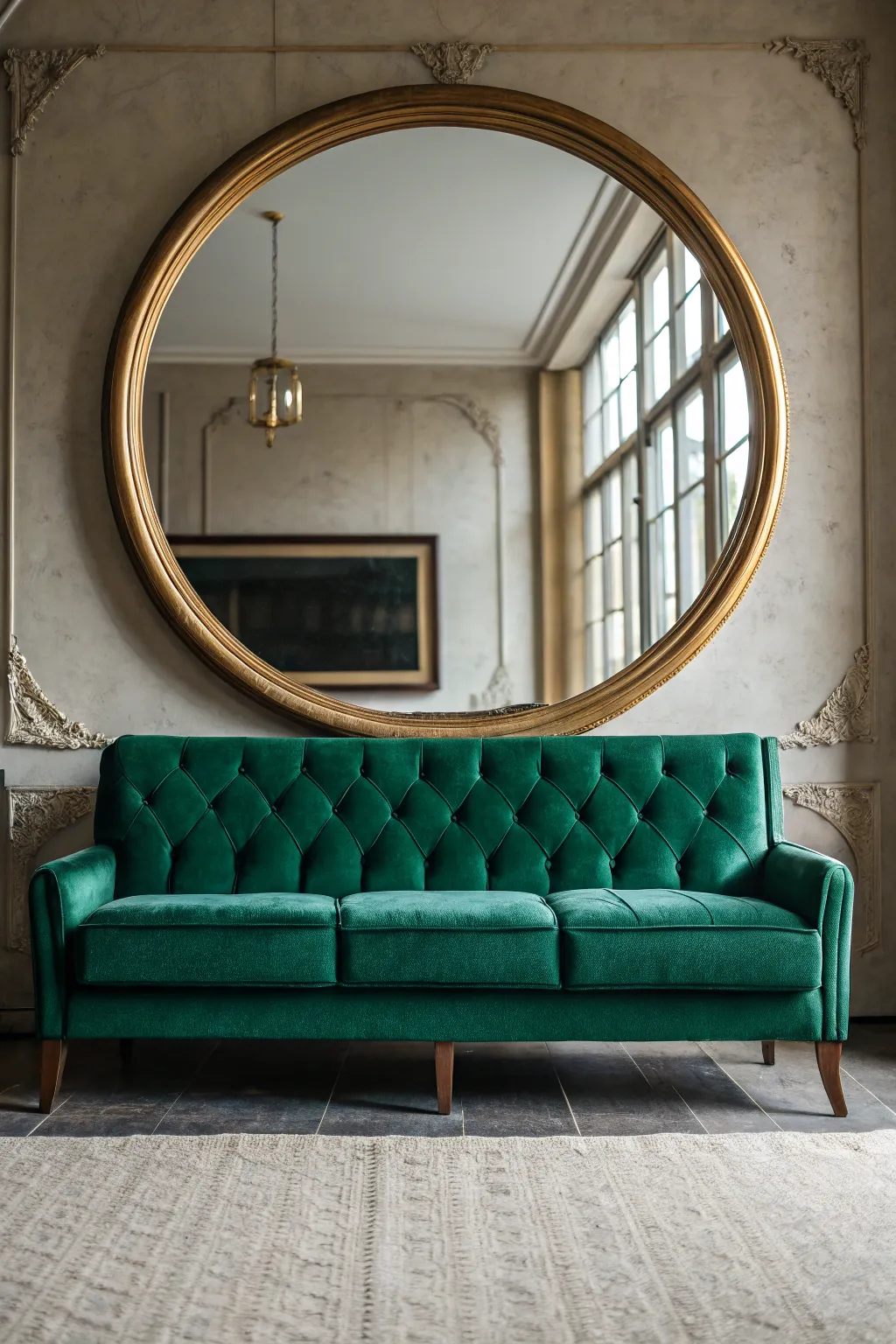 Emerald couch centered beneath a large round framed mirror
