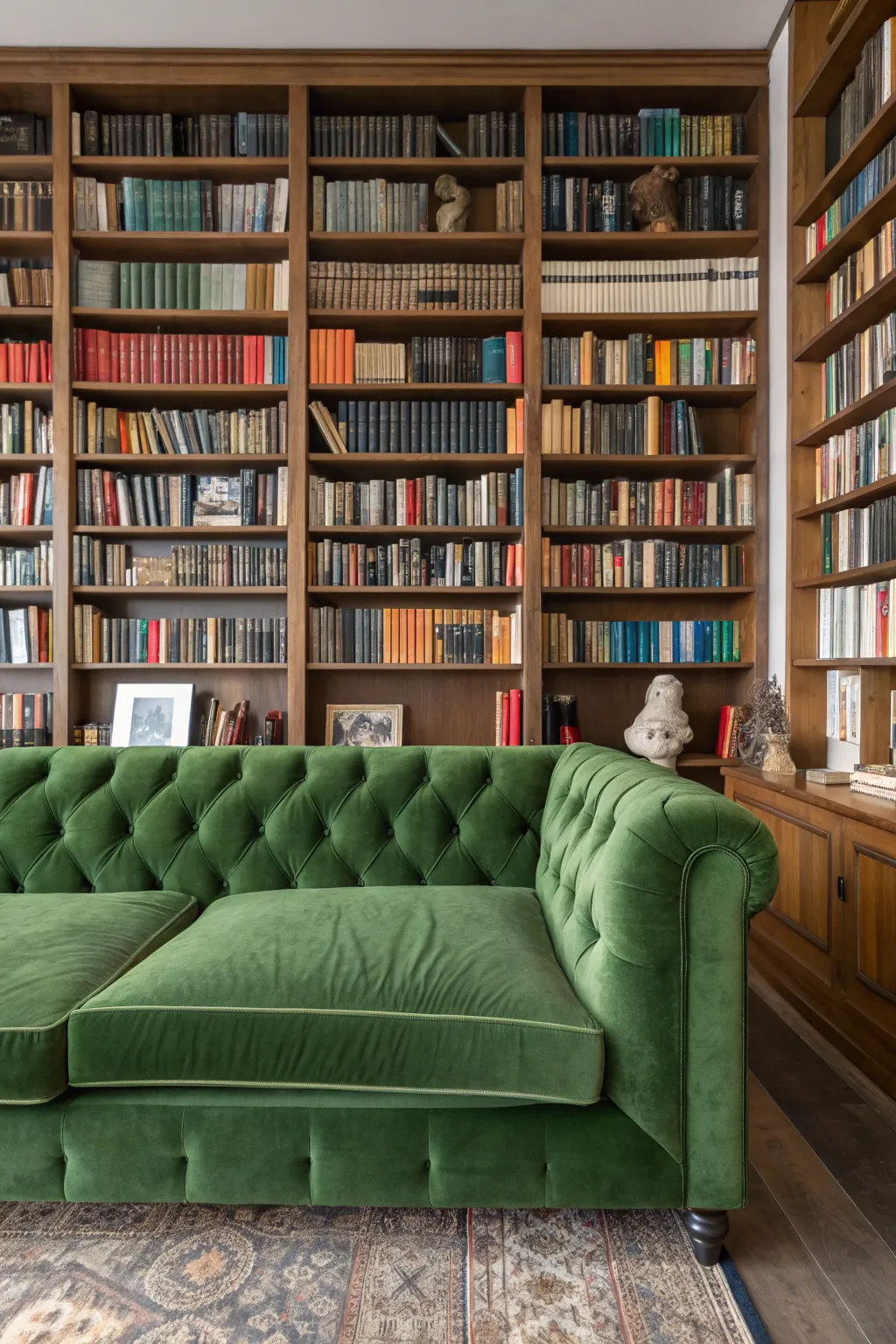 Green velvet couch in front of tall shelves filled with books and decor