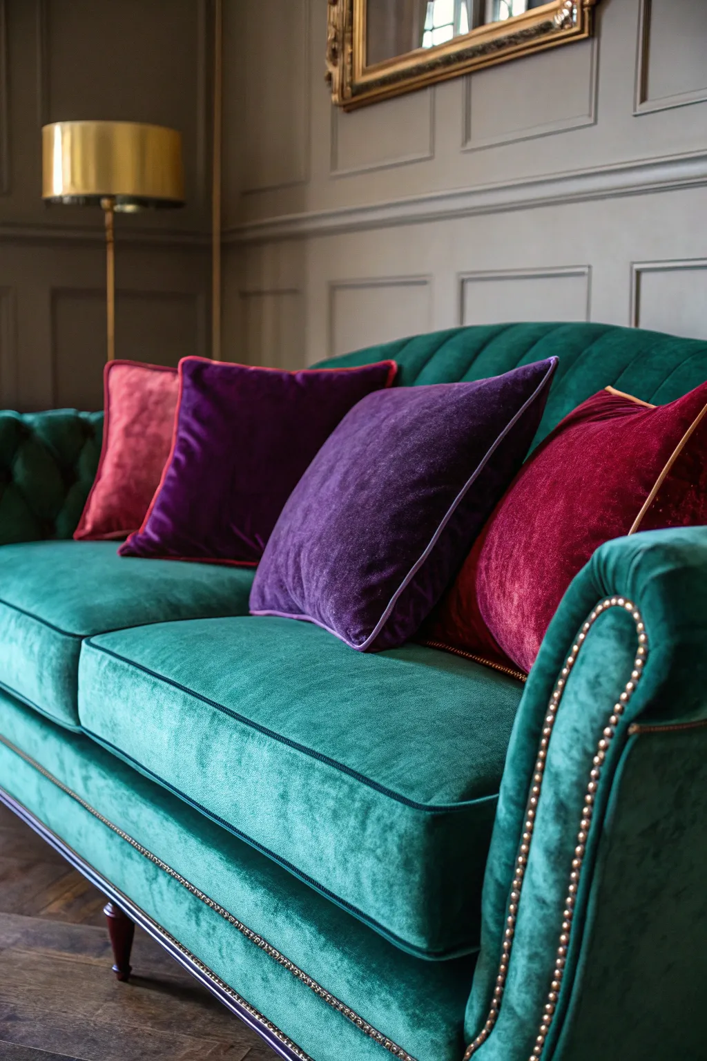 Emerald sofa decorated with jewel-toned velvet cushions