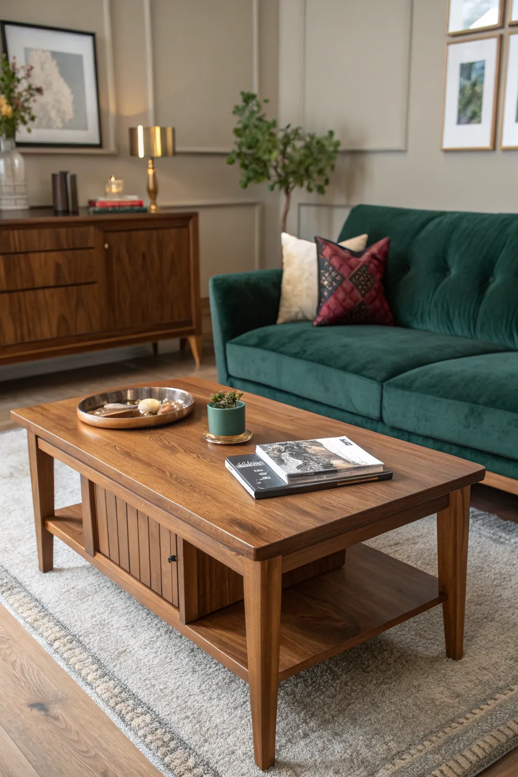 Dark green couch styled with warm wood furniture pieces