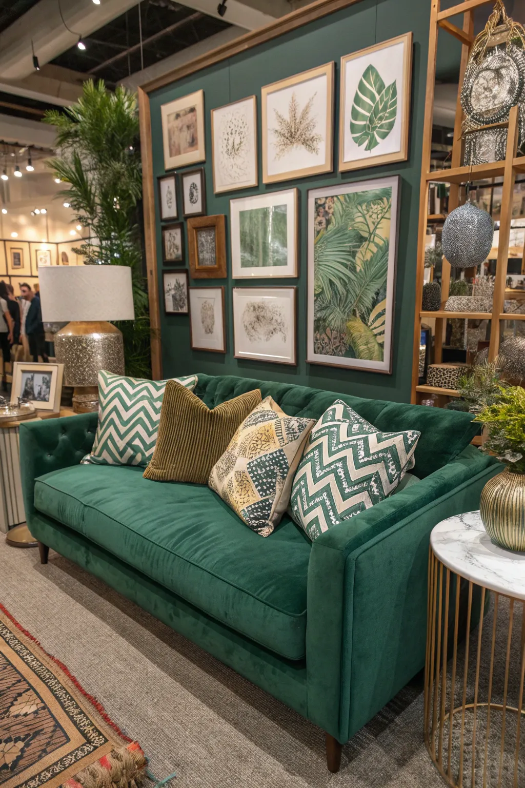 Emerald velvet sofa surrounded by layered eclectic decor in a maximalist room