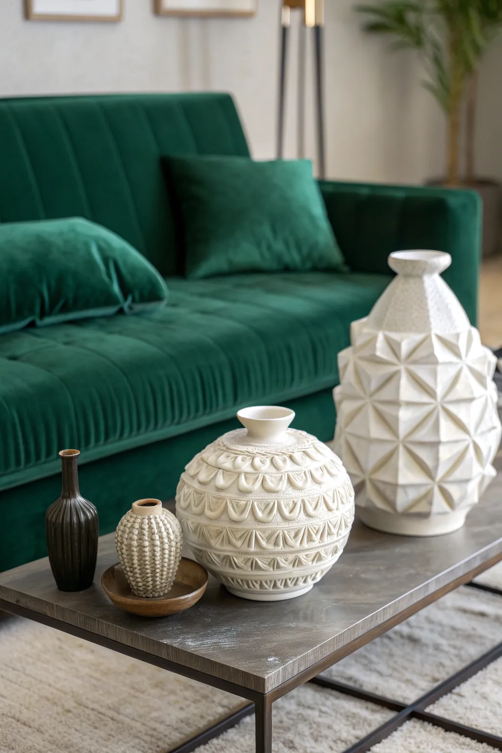 Emerald sofa styled with sculptural ceramic decor on a coffee table