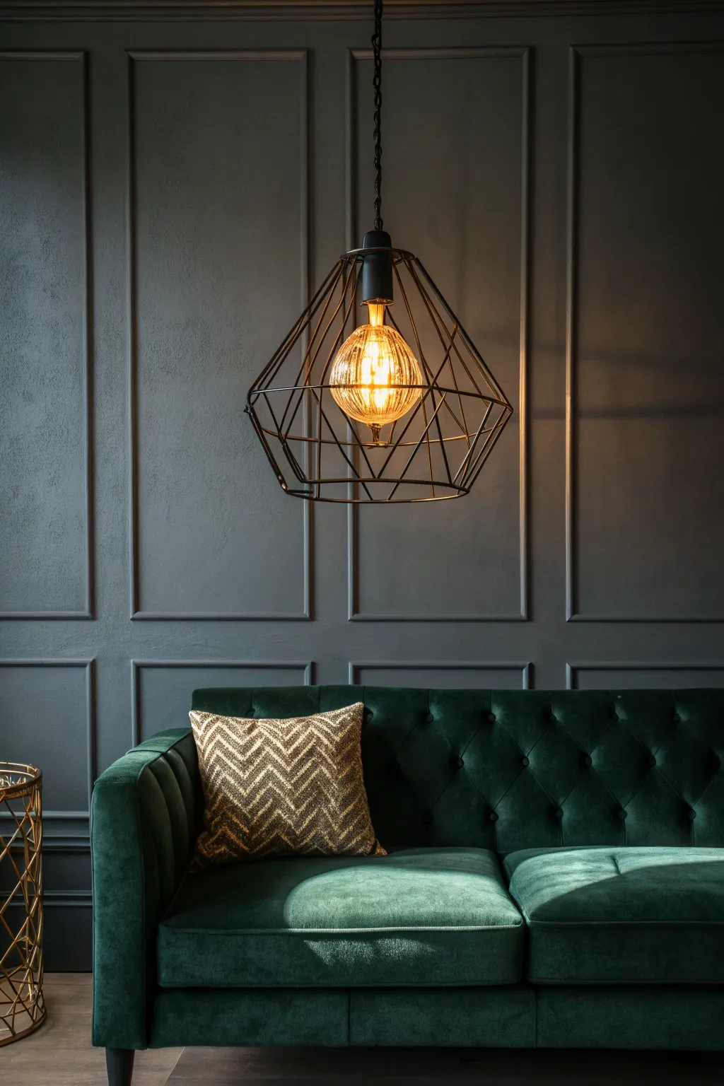 Dark green couch beneath a bold statement pendant light