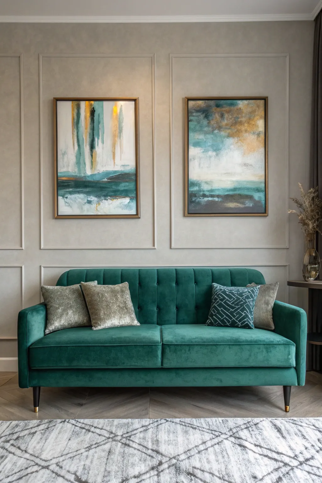 Emerald velvet sofa beneath muted abstract art prints