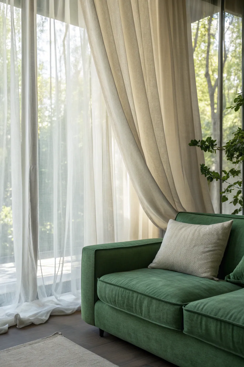 Green sofa softened by layered sheer and heavy neutral linen curtains