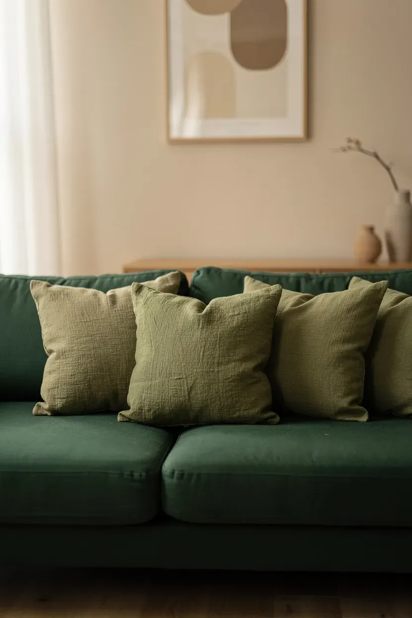 Olive linen throw pillows adding contrast to a deep green couch in a calm living room.