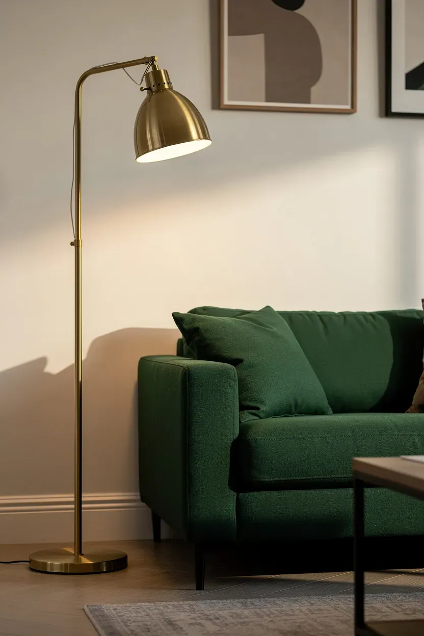 A brass floor lamp glowing softly beside a forest green sofa, showing textured upholstery.