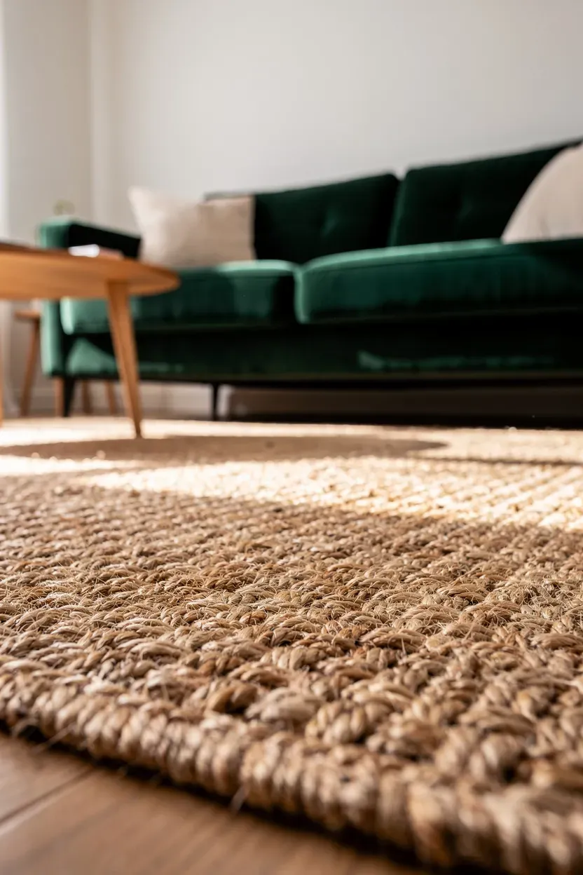A natural jute rug beneath a green velvet couch, highlighting warm earthy textures.