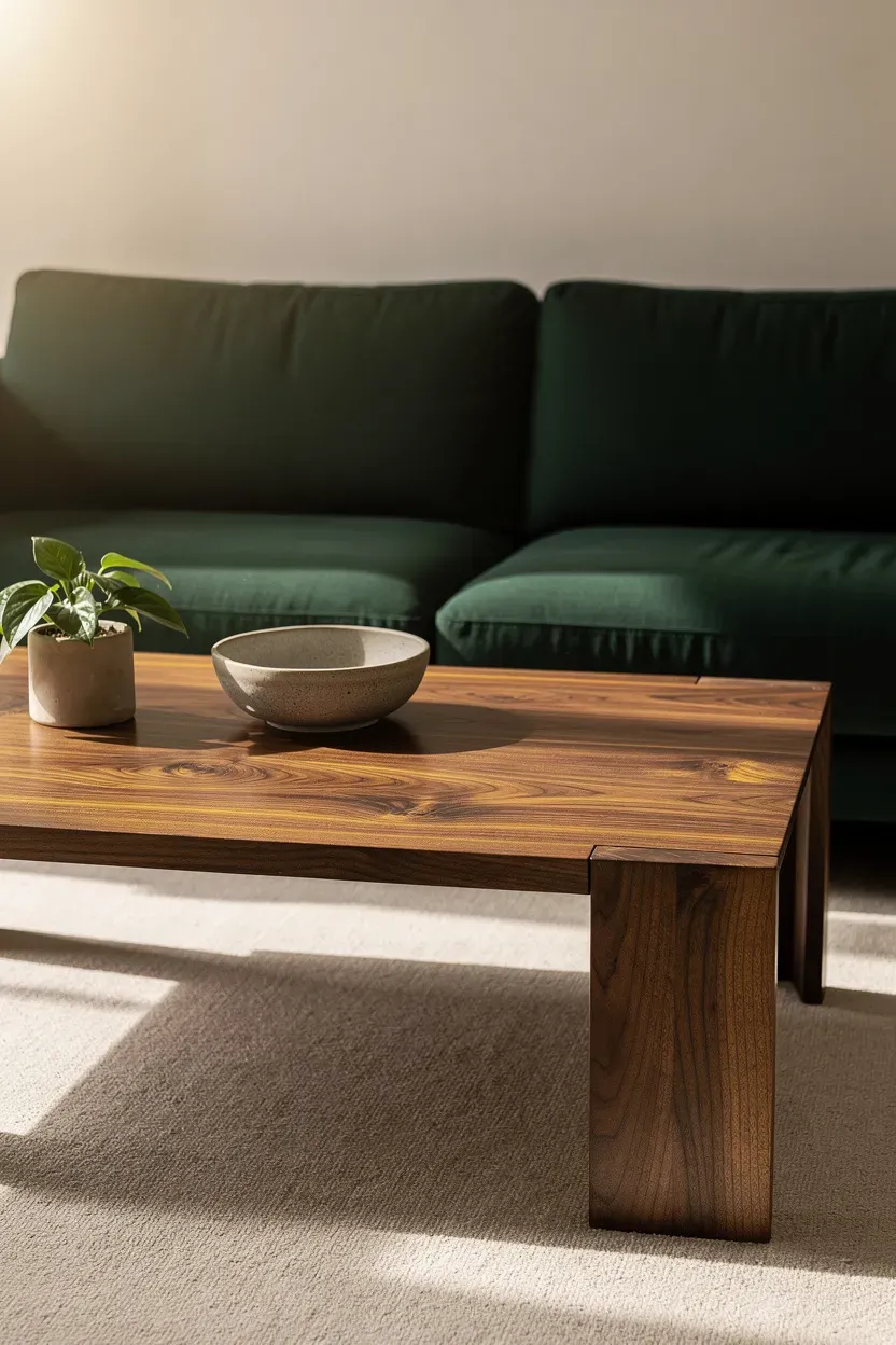 A walnut coffee table beside a dark green couch with minimal, warm styling.