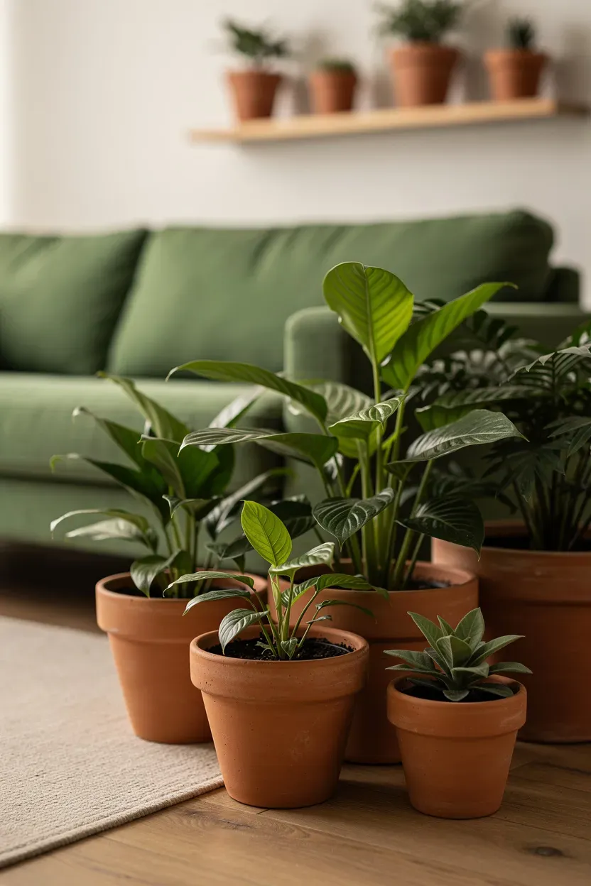 Terracotta pots and indoor plants arranged near a green sofa for earthy contrast.