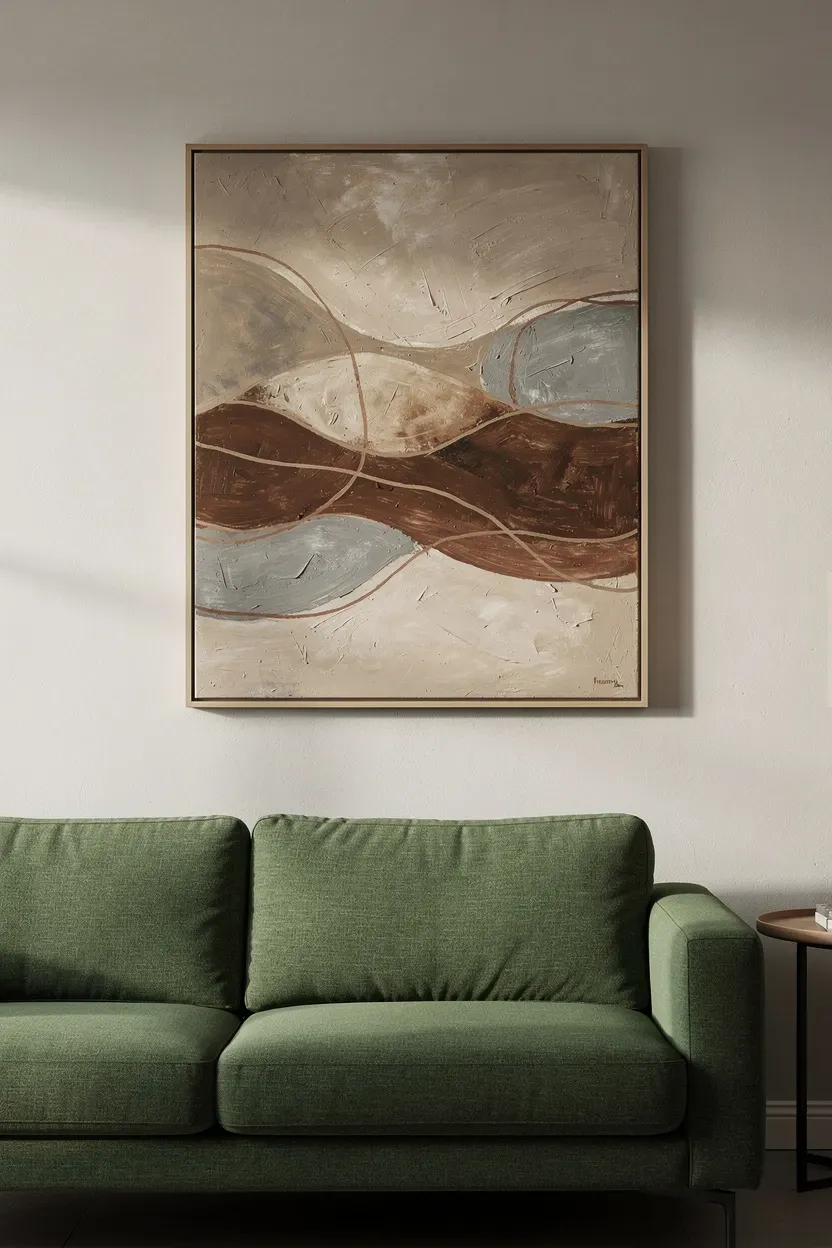 Earth‑tone abstract artwork displayed above a moss green sofa.