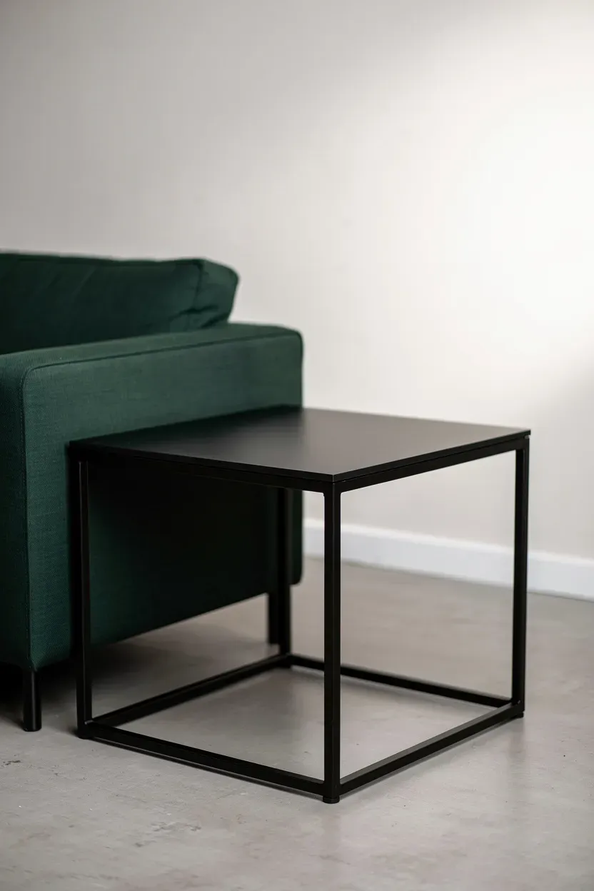 A matte black side table placed beside a modern green couch.