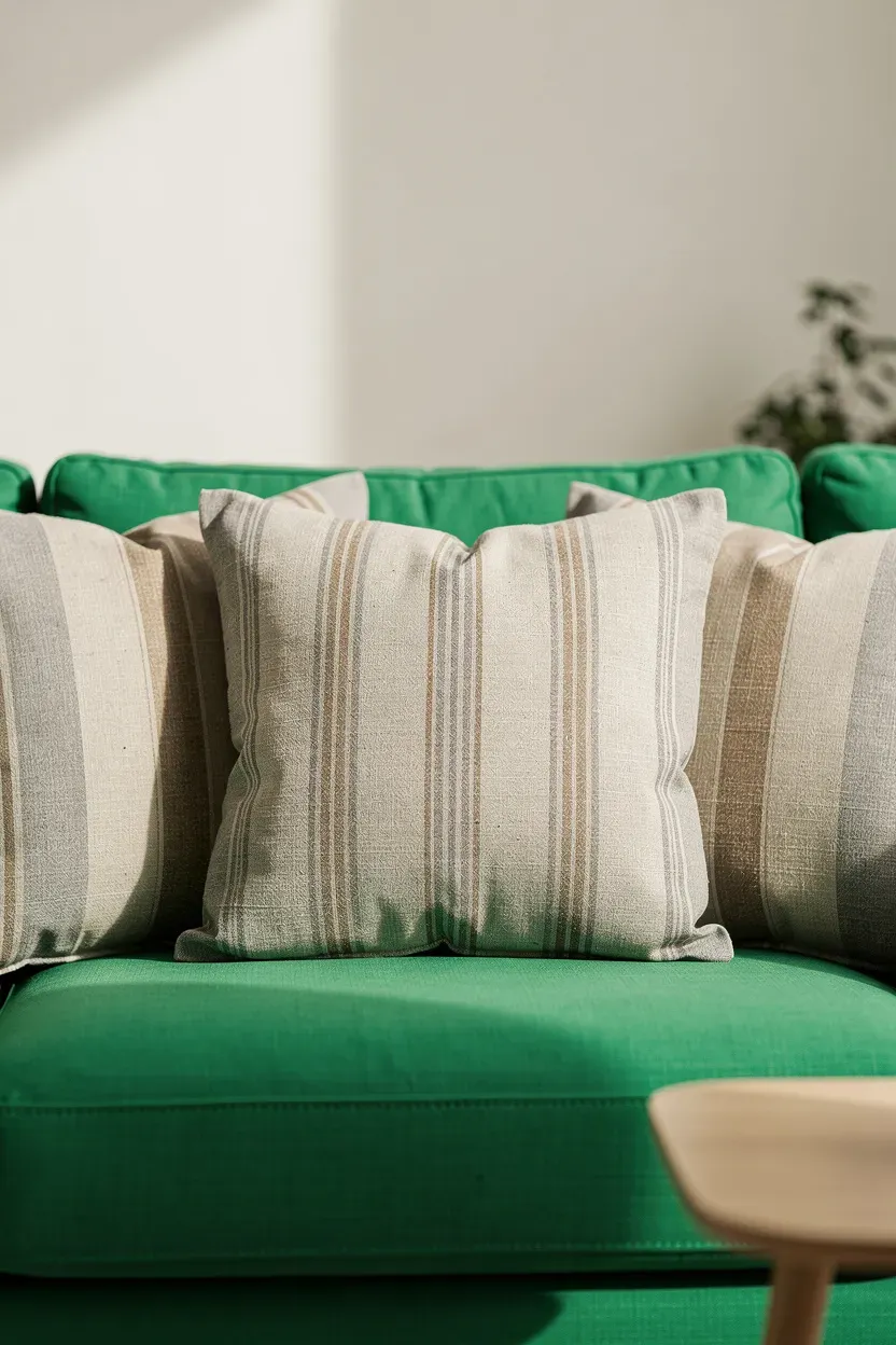 Neutral striped cushions resting on a bright green sofa.