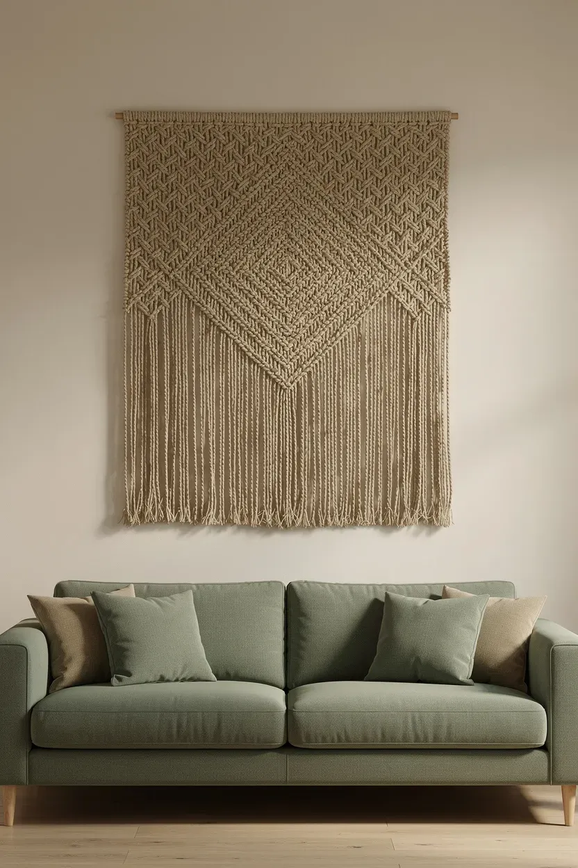 A woven wall hanging adding texture above a muted green couch.
